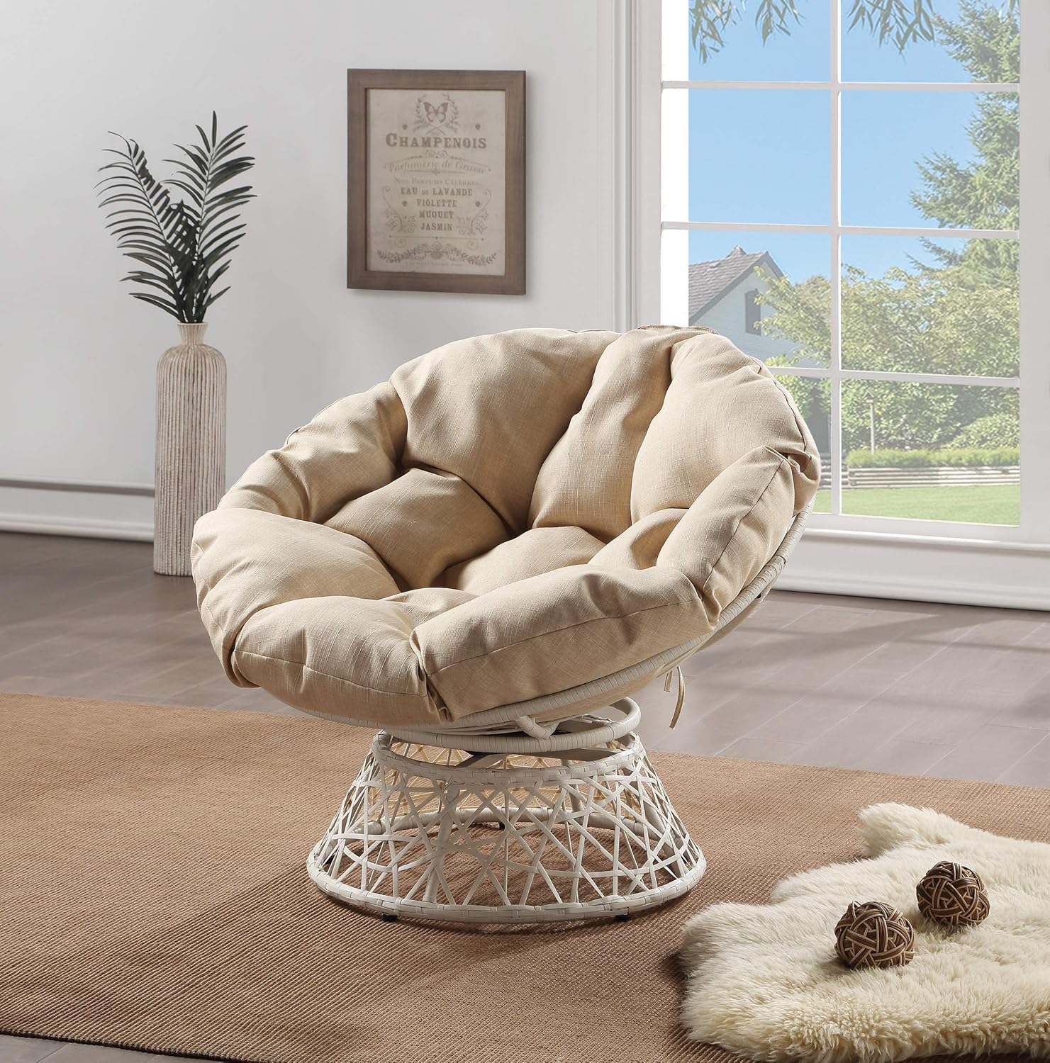 OSP Home Furnishings Wicker Papasan Chair with 360-Degree Swivel, Brown Frame with Brown Cushion