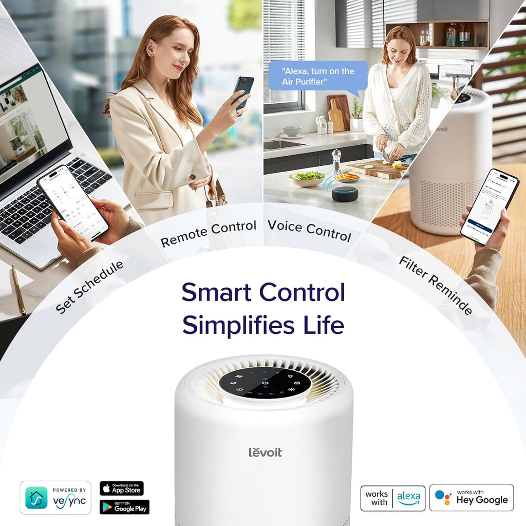 LEVOIT Air Purifier for Home Bedroom, Smart WiFi Alexa Control, Covers up to 916 Sq.Foot, 3 in 1 Filter for Allergies, Pollutants, Smoke, Dust, 24dB Quiet for Bedroom, Core 200S-P, White