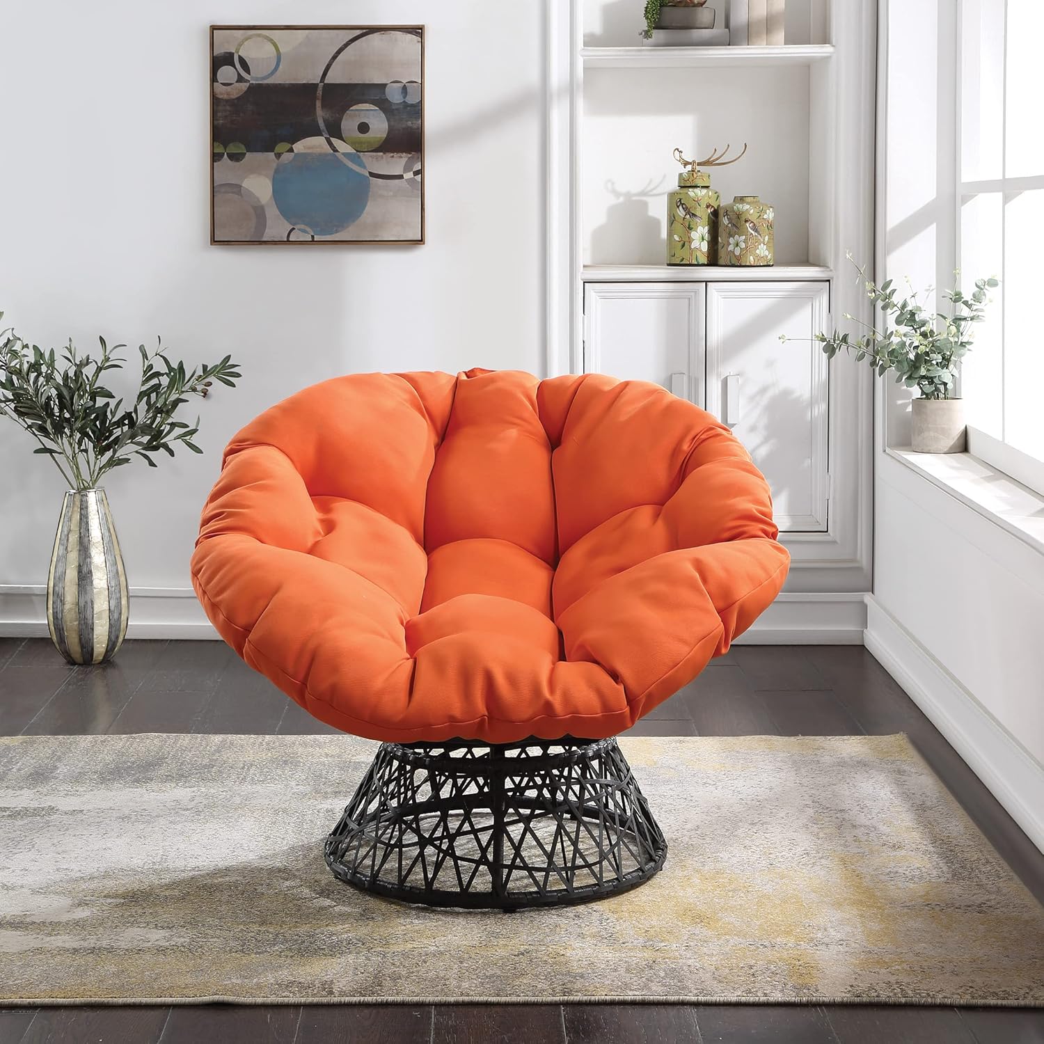 OSP Home Furnishings Wicker Papasan Chair with 360-Degree Swivel, Brown Frame with Brown Cushion