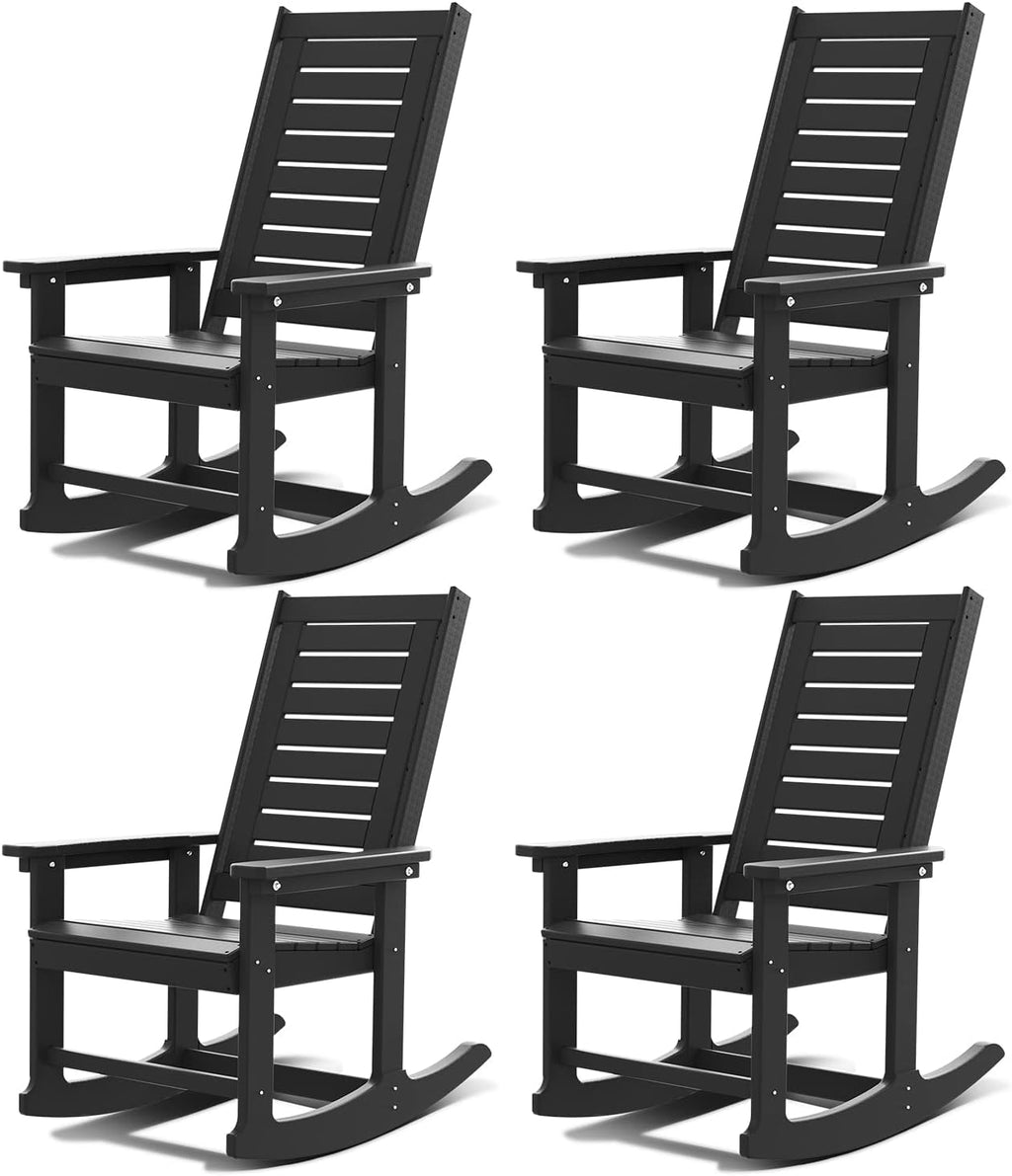 GREENVINES Outdoor Rocking Chairs | Set of 2 | Porch Rocker | HDPE Plastic | Black | Oversized Rockers | High Back | Big & Tall | Ladder Back | for Patio Outside Backyard Balcony Garden