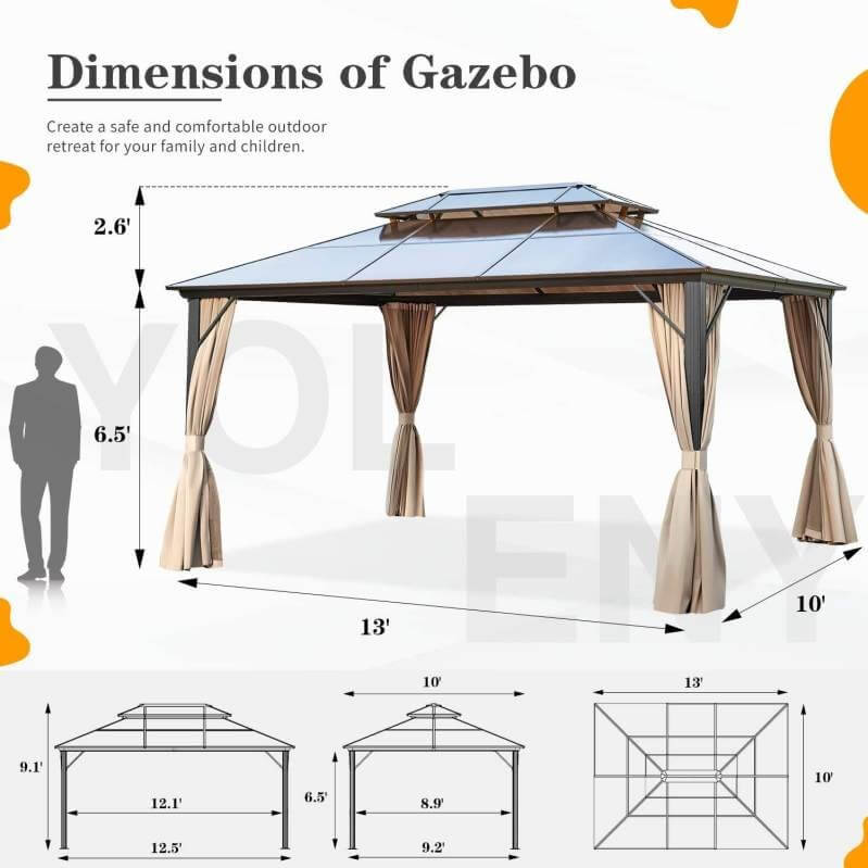 （Limit one per order）10'x13' Outdoor Polycarbonate Double Roof Hard Top Gazebo
