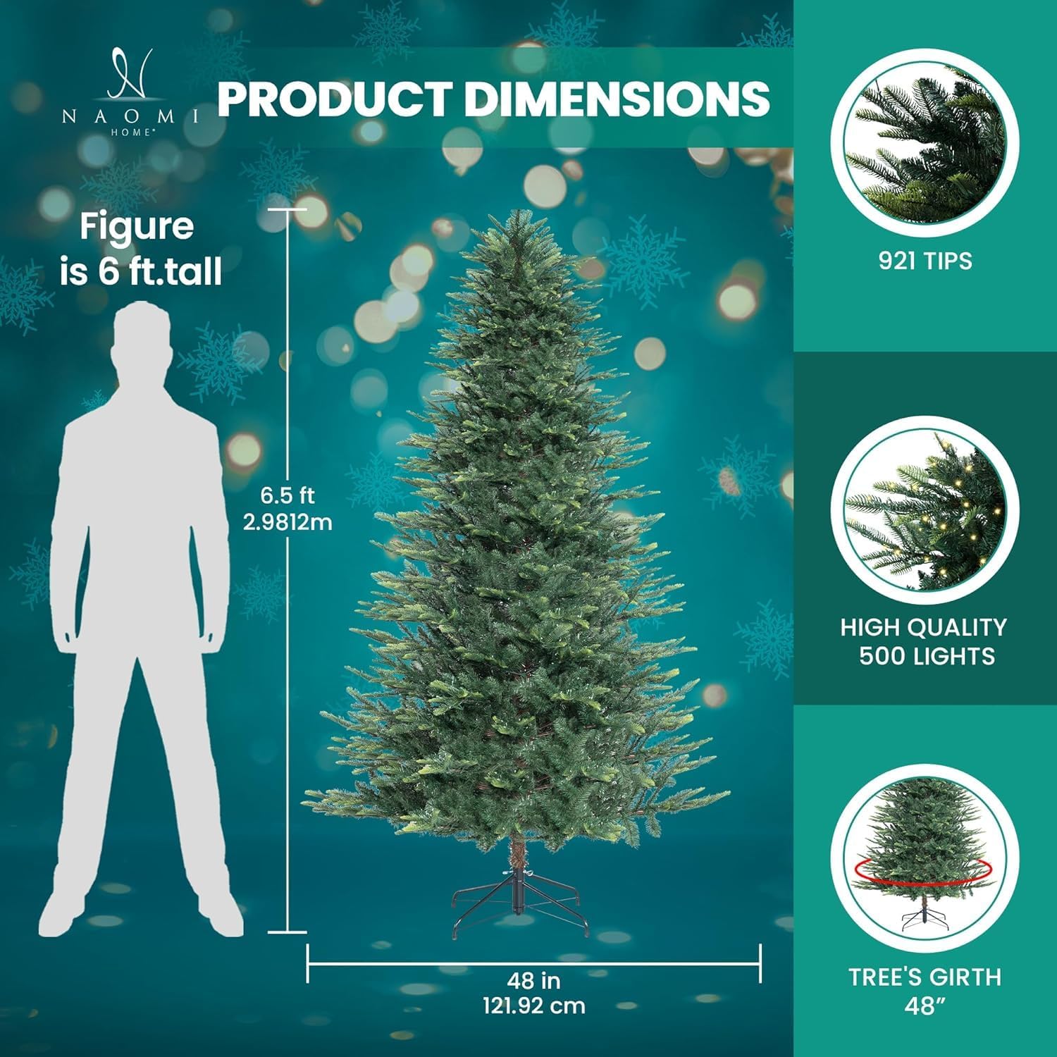 Naomi Home 6.5ft Rustic Christmas Tree with Lights, Realistic Classic Prelit with 2595 Branch Tips, 600 Warm Lights and Metal Stand, Aritificial Tree