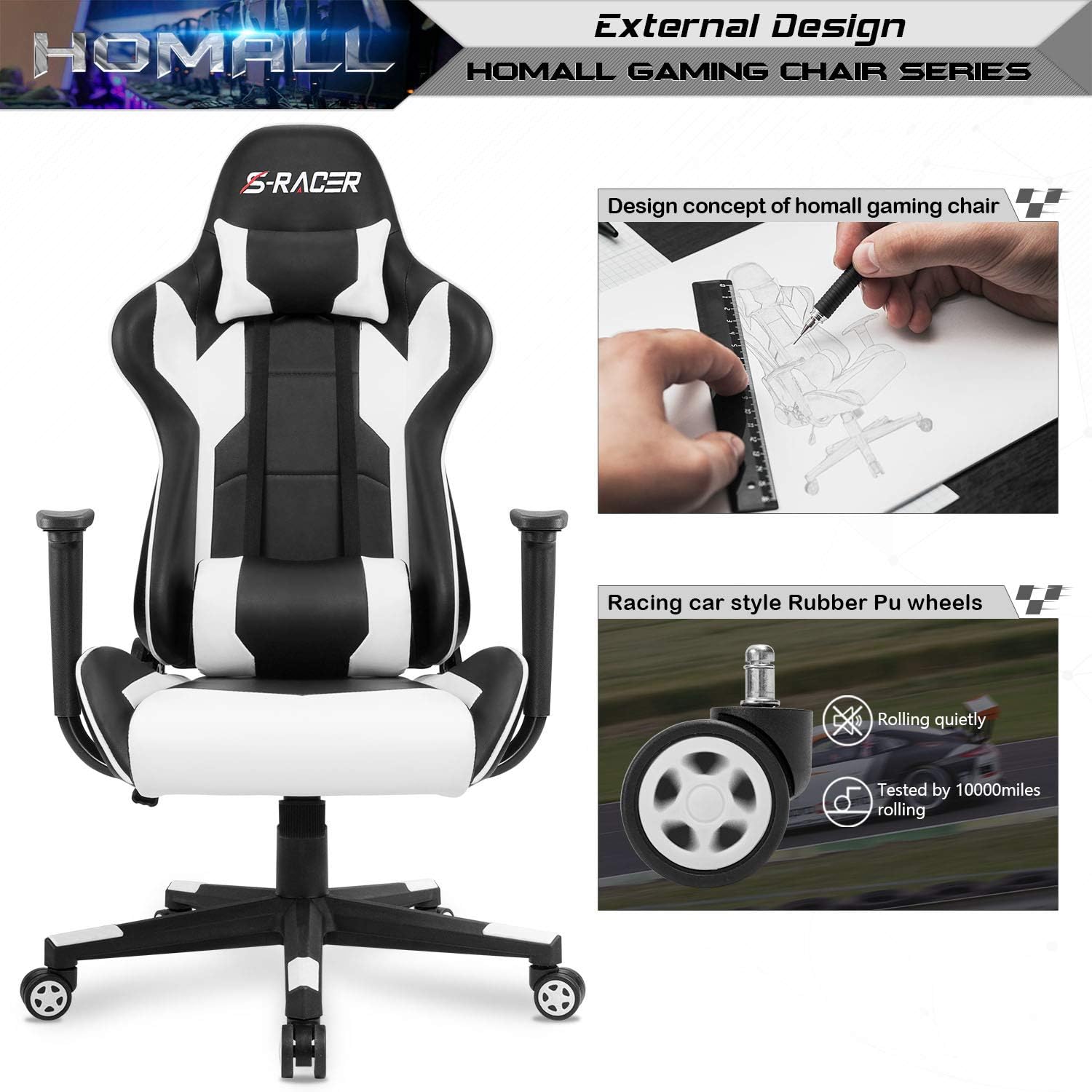 Homall Gaming Chair, Office Chair High Back Computer Chair Leather Desk Chair Racing Executive Ergonomic Adjustable Swivel Task Chair with Headrest and Lumbar Support (Dark Black)