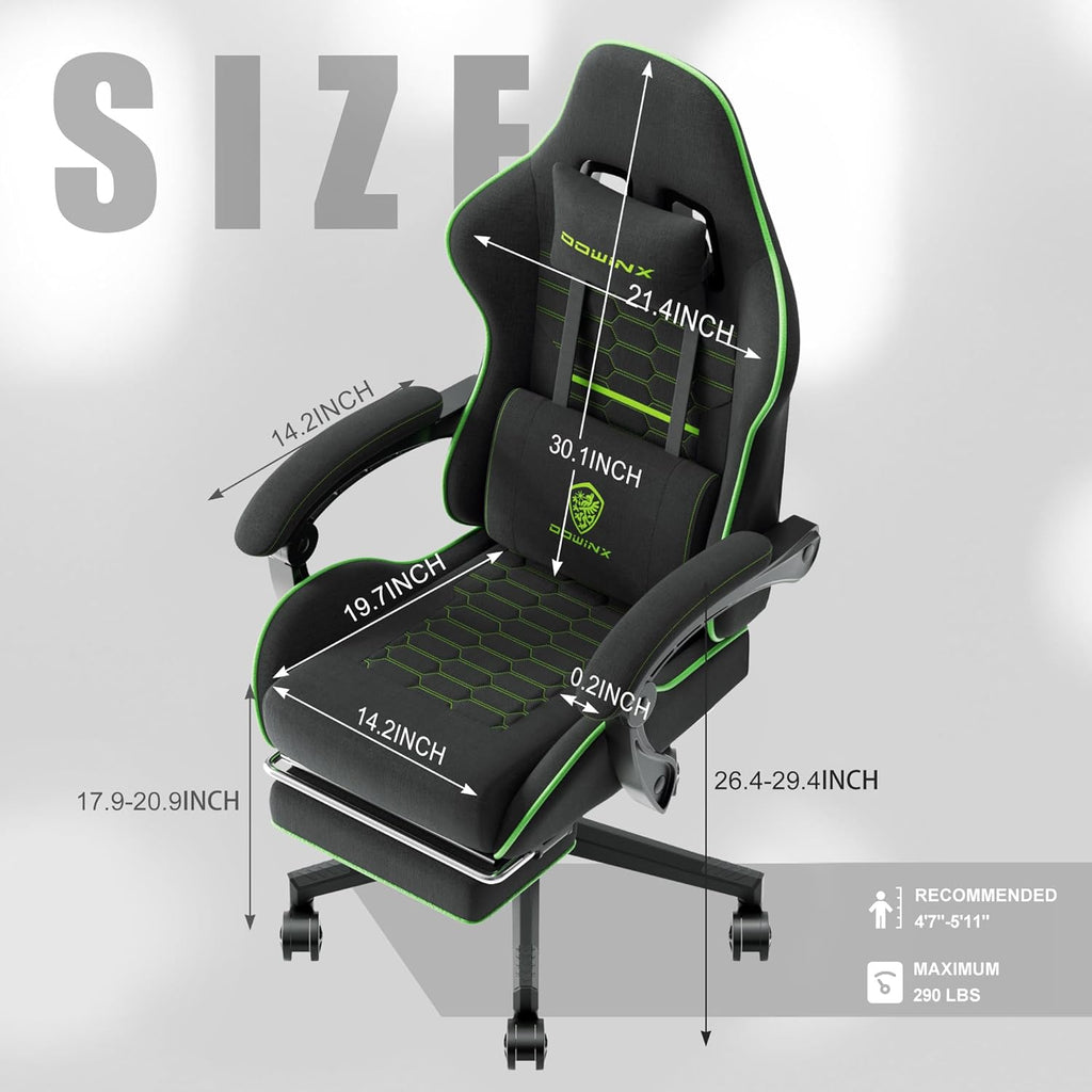 Dowinx Gaming Chair Fabric with Pocket Spring Cushion, Massage Game Chair Cloth with Headrest, Ergonomic Computer Chair with Footrest 290LBS, Blue and Grey