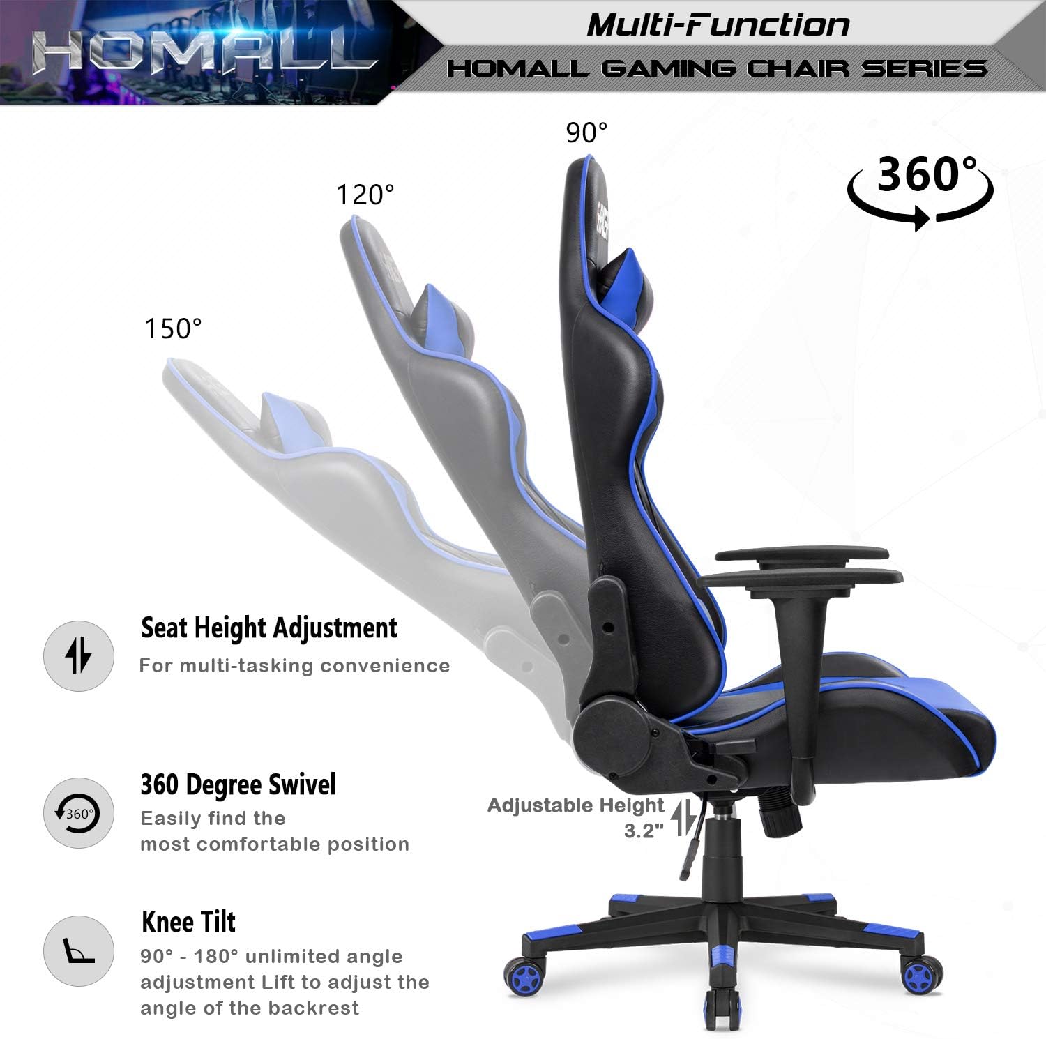 Homall Gaming Chair, Office Chair High Back Computer Chair Leather Desk Chair Racing Executive Ergonomic Adjustable Swivel Task Chair with Headrest and Lumbar Support (Dark Black)