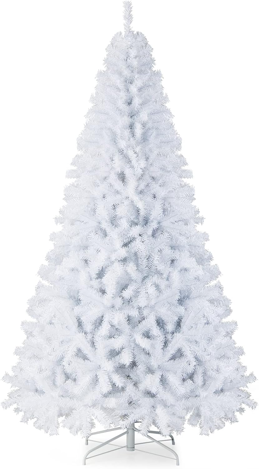 Goplus 7ft Artificial White Christmas Tree Xmas Pine Tree with Solid Metal Legs Perfect for Indoor and Outdoor Holiday Decoration