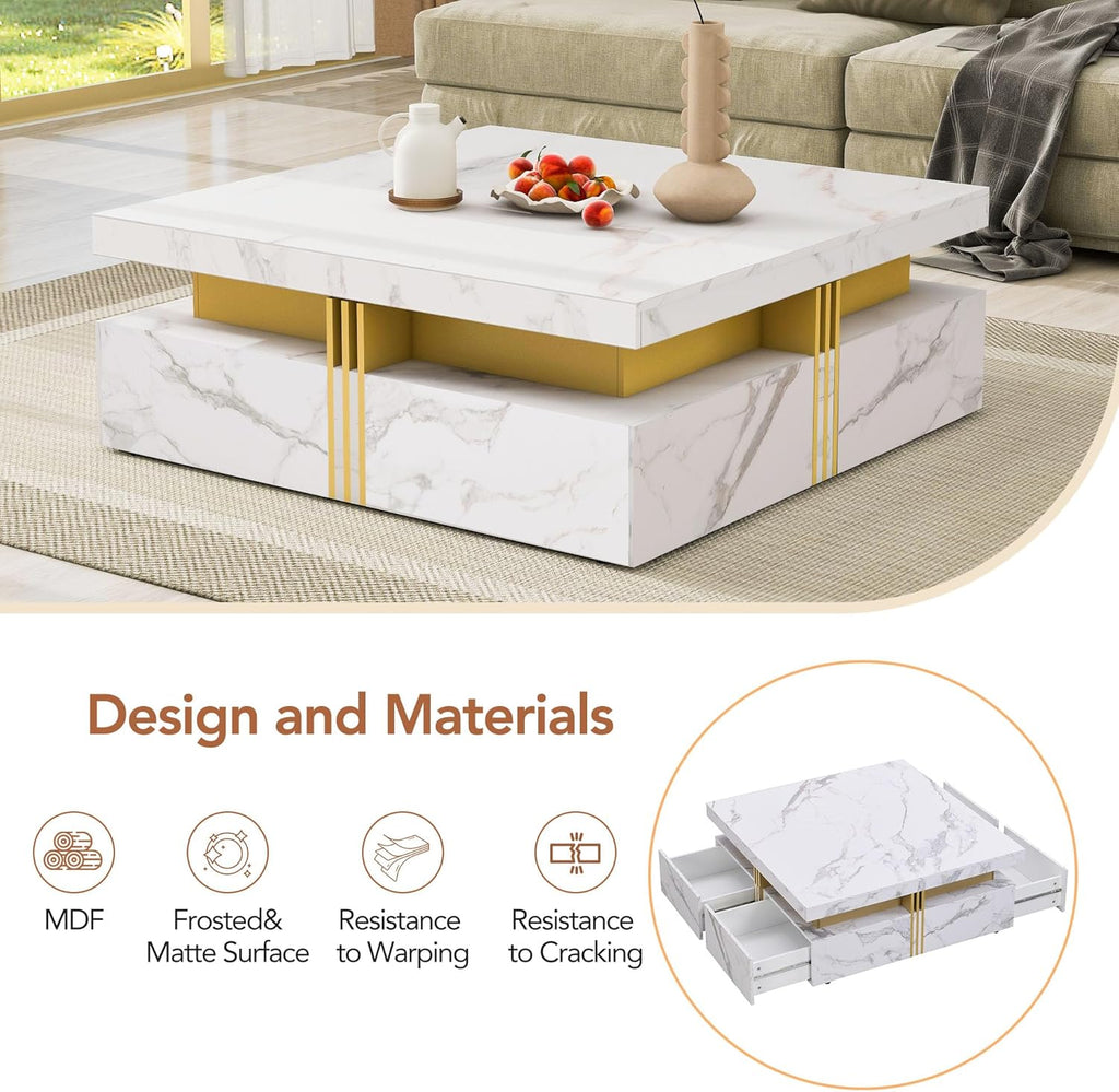 Modern White Square Storage Coffee Table with 4 Drawers