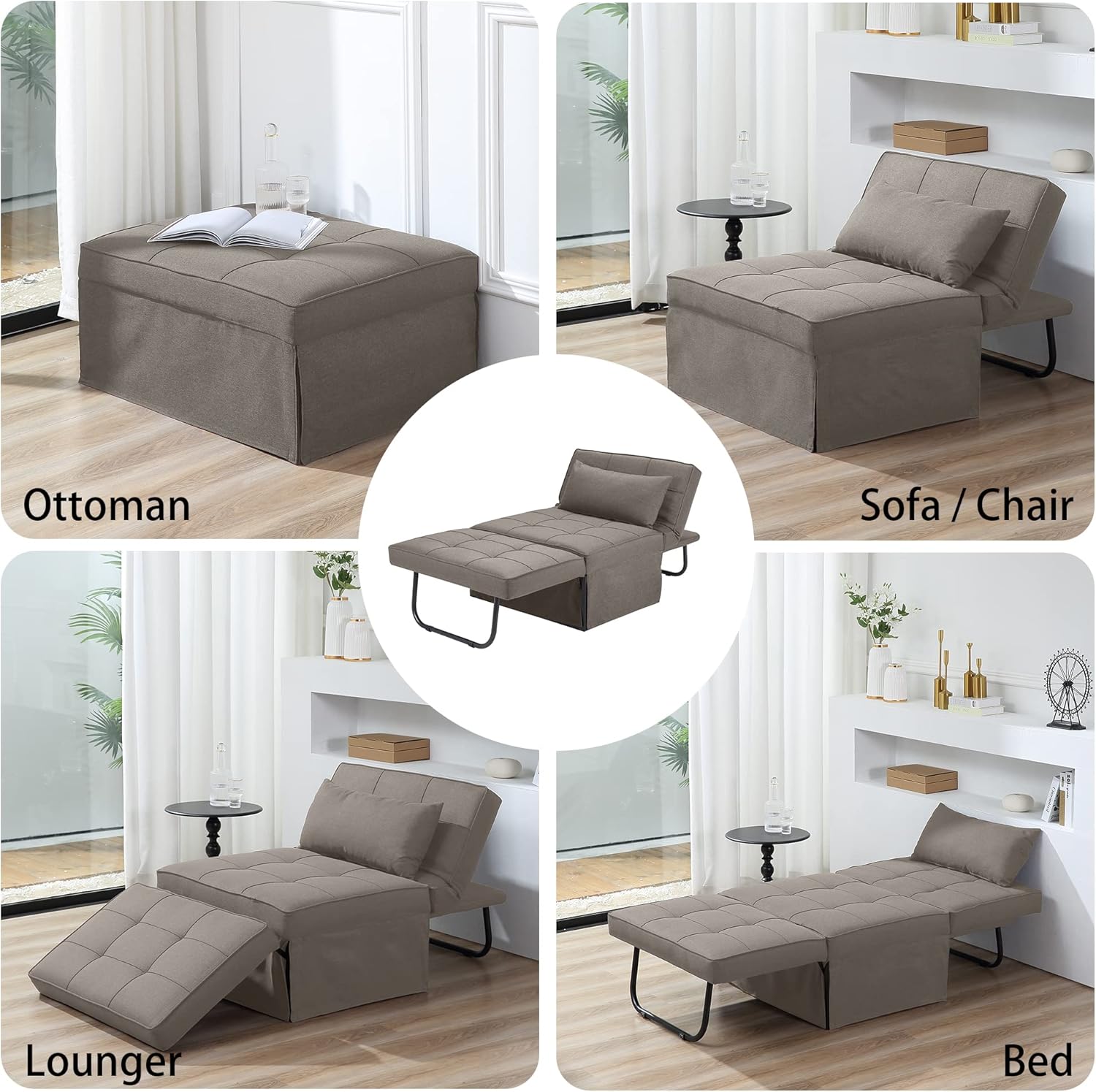 Sofa Bed, 4 in 1 Multi-Function Folding Ottoman Breathable Linen Couch Bed with Adjustable Backrest Modern Convertible Chair for Living Room Apartment Office