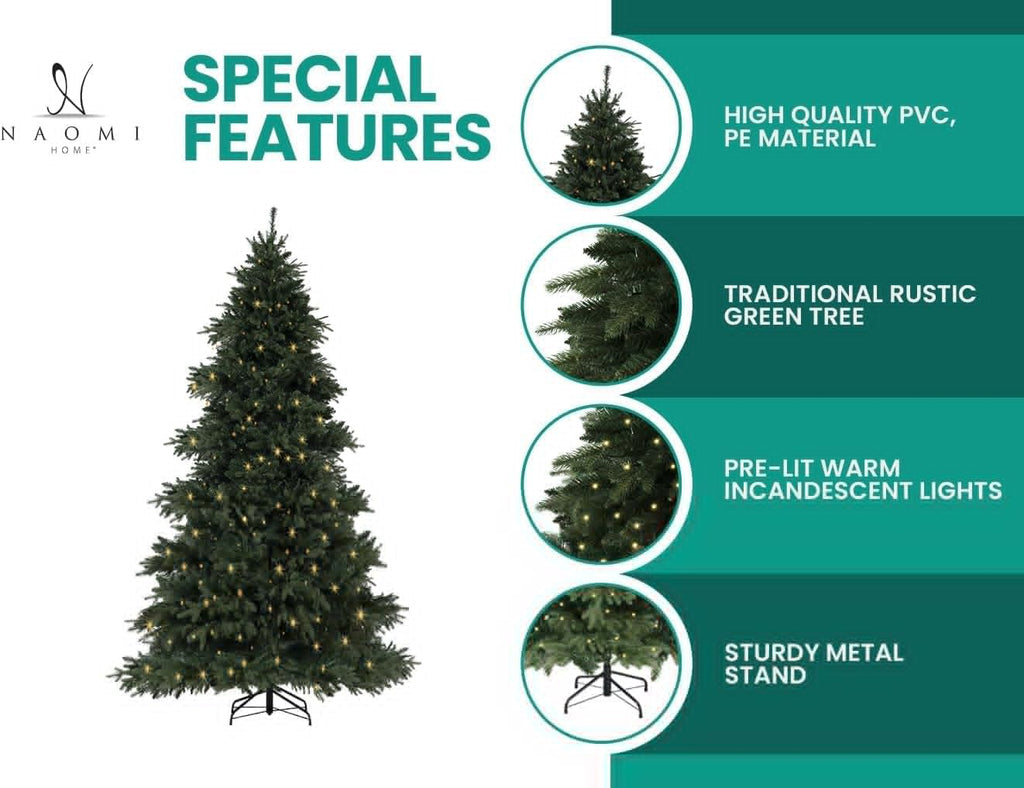 Naomi Home 6.5ft Rustic Christmas Tree with Lights, Realistic Classic Prelit with 2595 Branch Tips, 600 Warm Lights and Metal Stand, Aritificial Tree