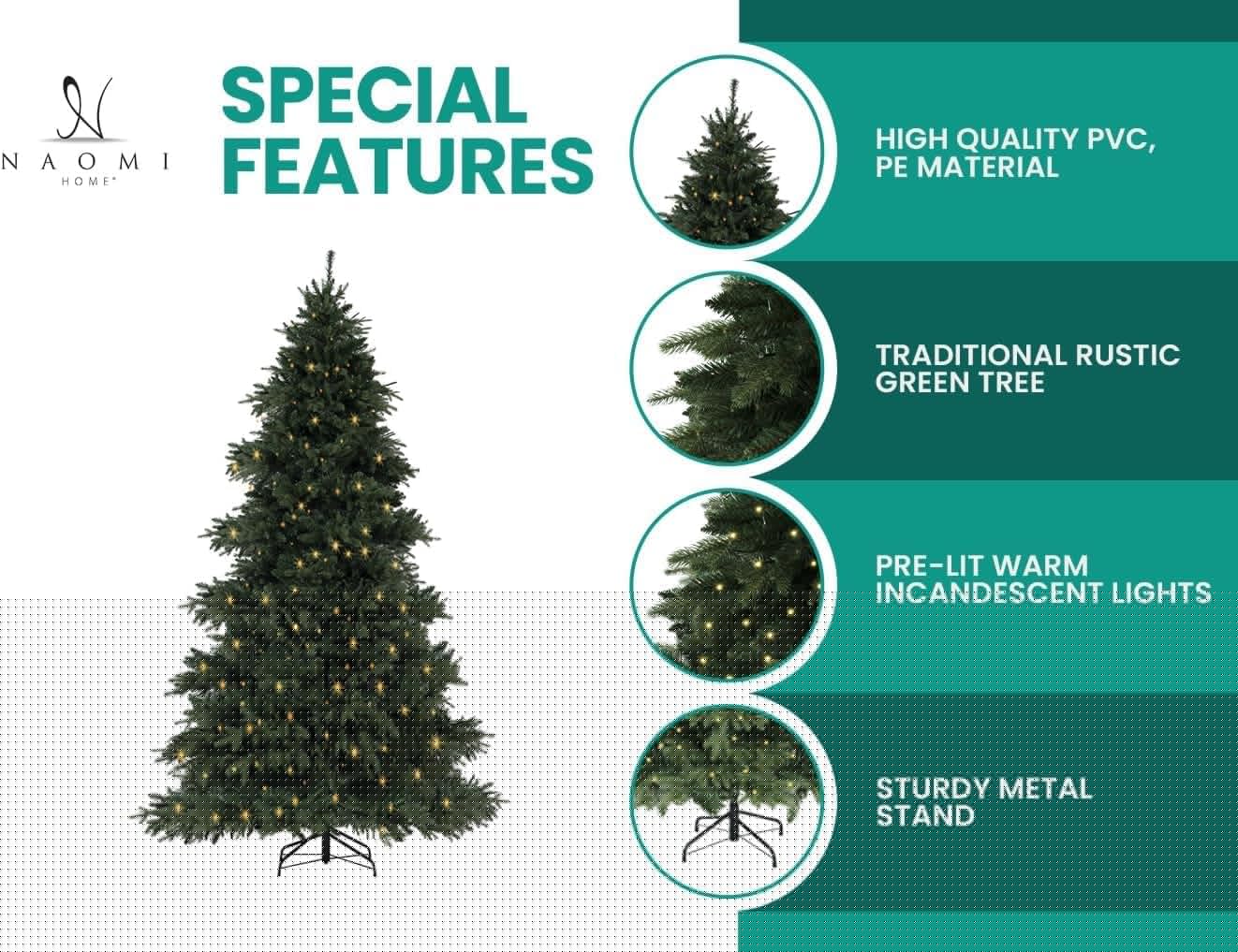 Naomi Home 6.5ft Rustic Christmas Tree with Lights, Realistic Classic Prelit with 2595 Branch Tips, 600 Warm Lights and Metal Stand, Aritificial Tree