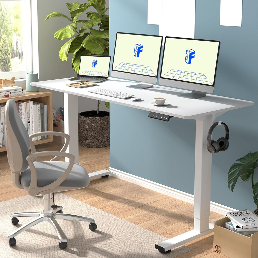 FLEXISPOT EN1 One-Piece Standing Desk 55 x 28 Inch Electric Adjustable Height Desk for Home Office and Computer Workstation (White Frame + 55" Maple Top, 2 Packages)