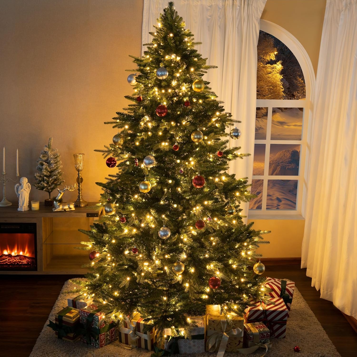 Naomi Home 6.5ft Rustic Christmas Tree with Lights, Realistic Classic Prelit with 2595 Branch Tips, 600 Warm Lights and Metal Stand, Aritificial Tree