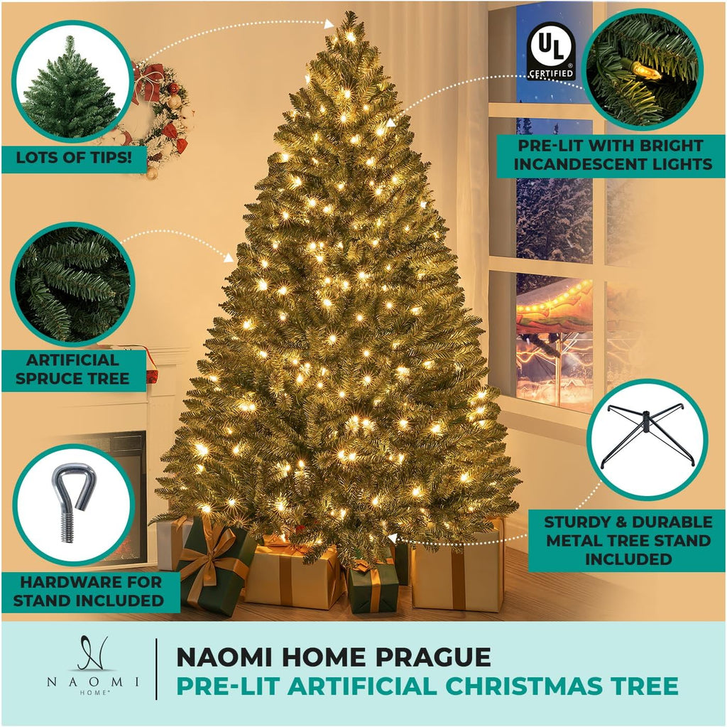 Naomi Home 6.5ft Rustic Christmas Tree with Lights, Realistic Classic Prelit with 2595 Branch Tips, 600 Warm Lights and Metal Stand, Aritificial Tree