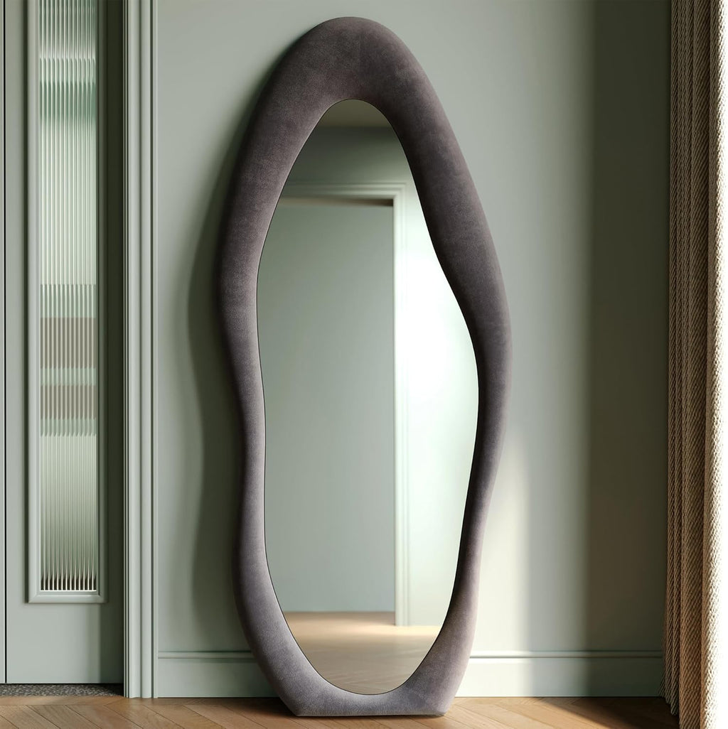 Honyee Full Length Mirror, 63" x 24" Wall Mirror, Flannel Wrapped Wooden Frame Full Body Mirror, Irregular Wavy Mirror Hanging or Leaning Against Wall for Cloakroom/Bedroom/Living Room, Ivory White