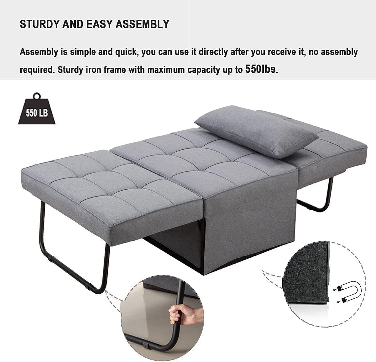 Sofa Bed, 4 in 1 Multi-Function Folding Ottoman Breathable Linen Couch Bed with Adjustable Backrest Modern Convertible Chair for Living Room Apartment Office