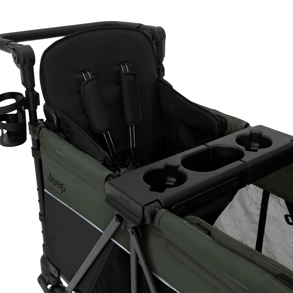 Delta Children - Jeep Wrangler Deluxe 4 Seater Stroller Wagon - Premium Quad Stroller Wagon for 4 Kids with Convertible Seats, Adjustable Push/Pull Handles, Removable Canopy & Flat Fold, Black/Green