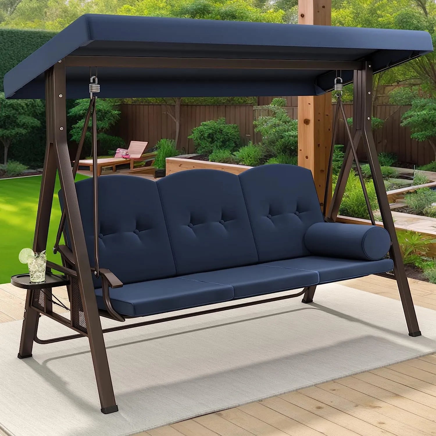 YITAHOME 3-Seat Deluxe Porch Swing Outdoor Heavy Duty Patio Swing Chair with Adjustable Canopy Removable Cushions Weather Resistant Steel Frame Suitable for Garden, Lawn, Backyard, Balcony, Brown