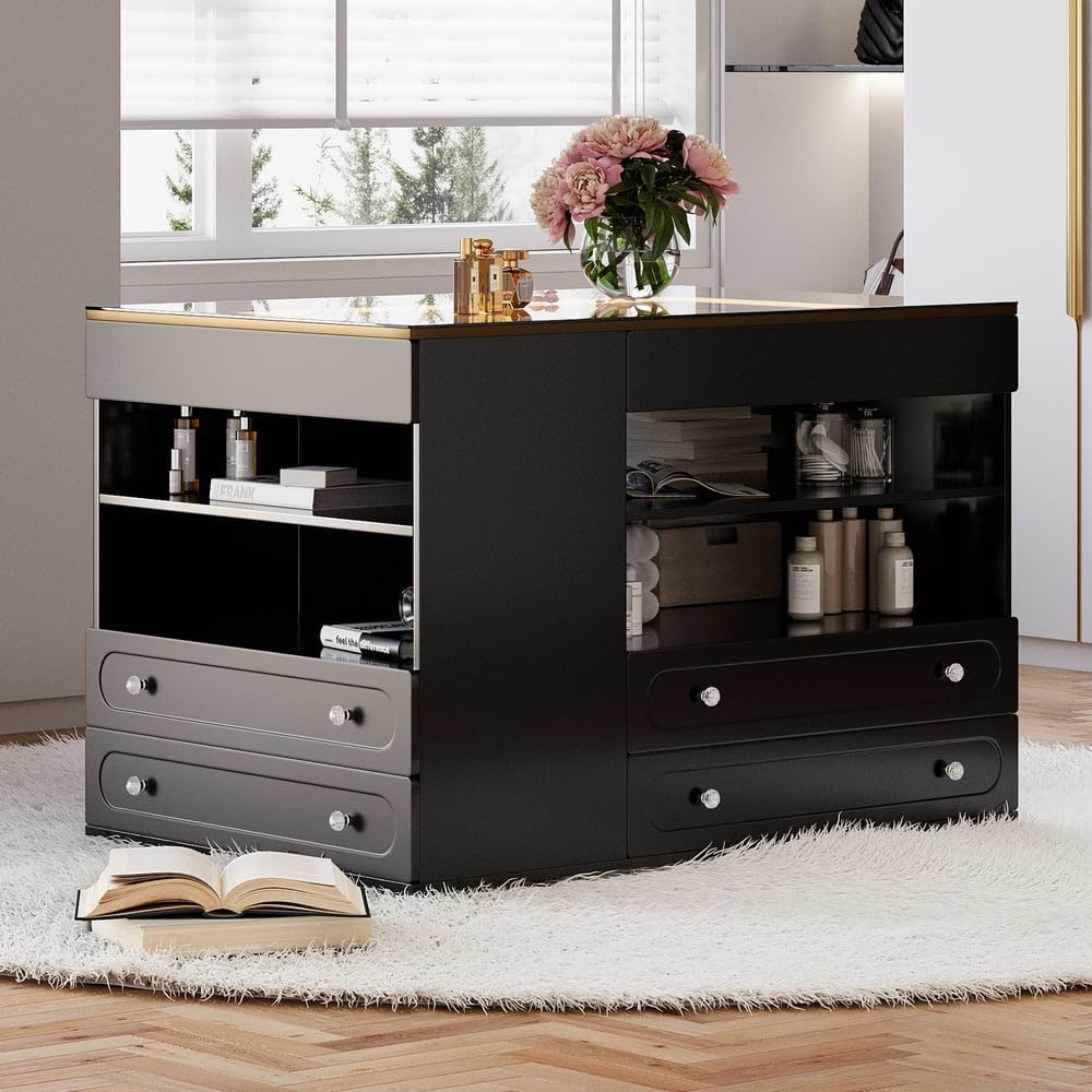 homary 47" Walk-in Closet Vanity Island with LED Light, Jewelry Drawer Organizer, Glass Top, 9 Storage Drawers – Modern Dresser for Bedroom or Dressing Room (Black)