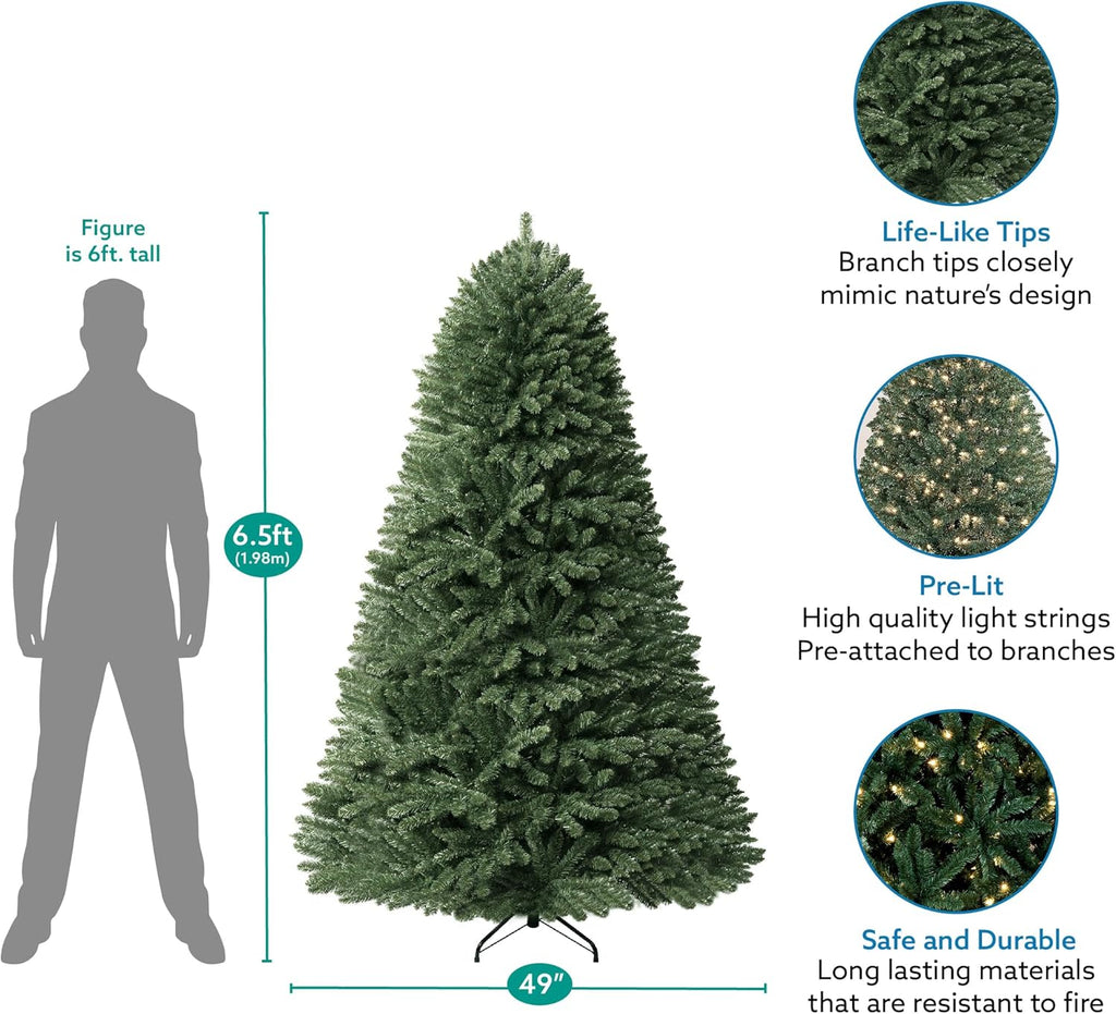 Naomi Home 6.5ft Rustic Christmas Tree with Lights, Realistic Classic Prelit with 2595 Branch Tips, 600 Warm Lights and Metal Stand, Aritificial Tree