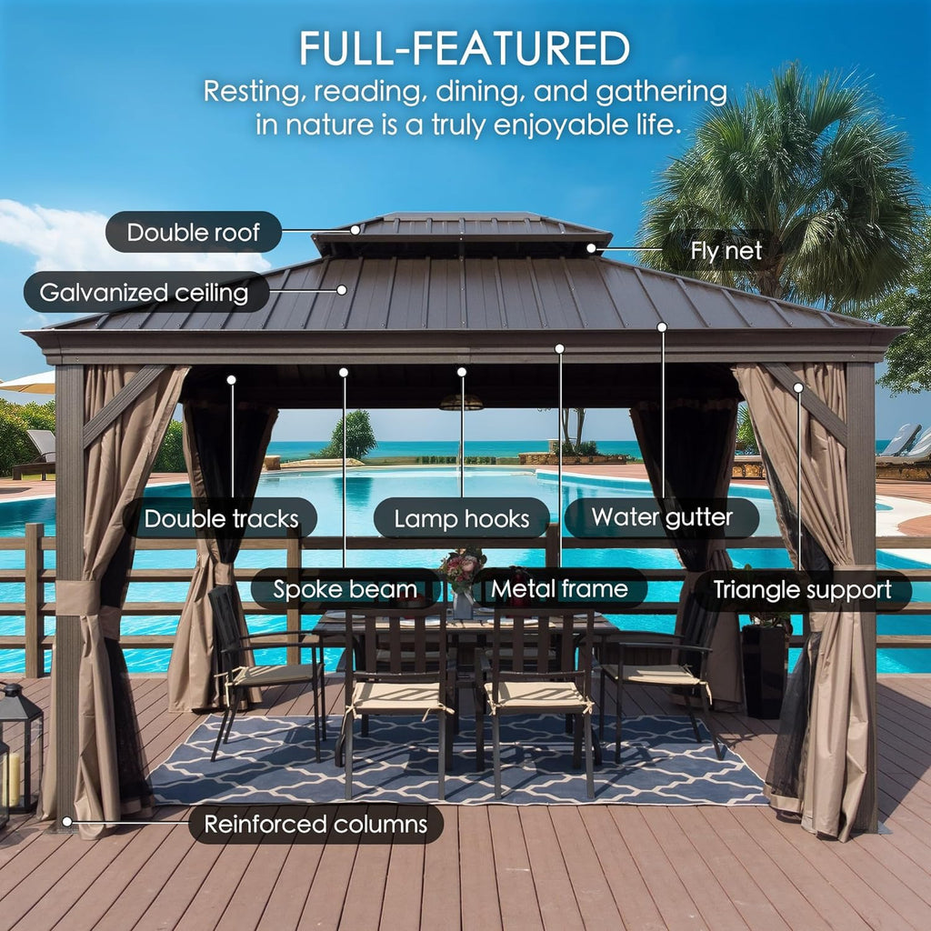 Kozyard Alexander 10' X 12' Hardtop, Aluminum Metal Gazebo with Galvanized Steel Double Roof Canopy, Curtain and Netting, Permanent Pavilion for Patio, Backyard, Deck, Lawn (Gray)