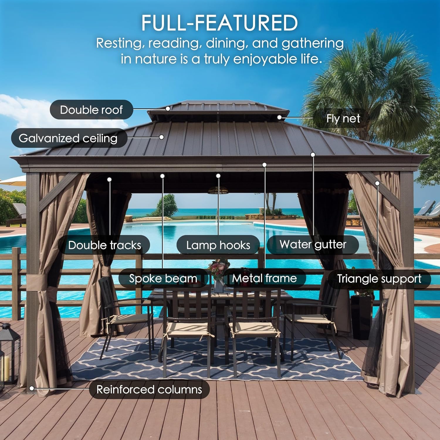 Kozyard Alexander 10' X 12' Hardtop, Aluminum Metal Gazebo with Galvanized Steel Double Roof Canopy, Curtain and Netting, Permanent Pavilion for Patio, Backyard, Deck, Lawn (Gray)