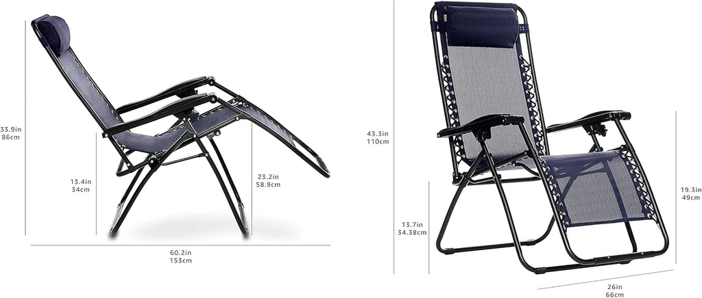 Basics Outdoor Textilene Adjustable Zero Gravity Folding Reclining Lounge Chair with Pillow, 26", Navy Blue