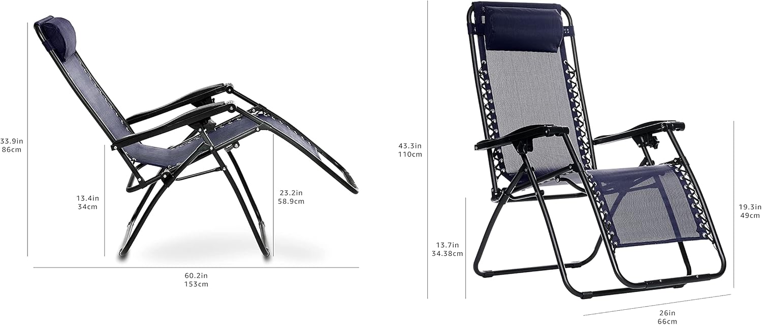 Basics Outdoor Textilene Adjustable Zero Gravity Folding Reclining Lounge Chair with Pillow, 26", Navy Blue