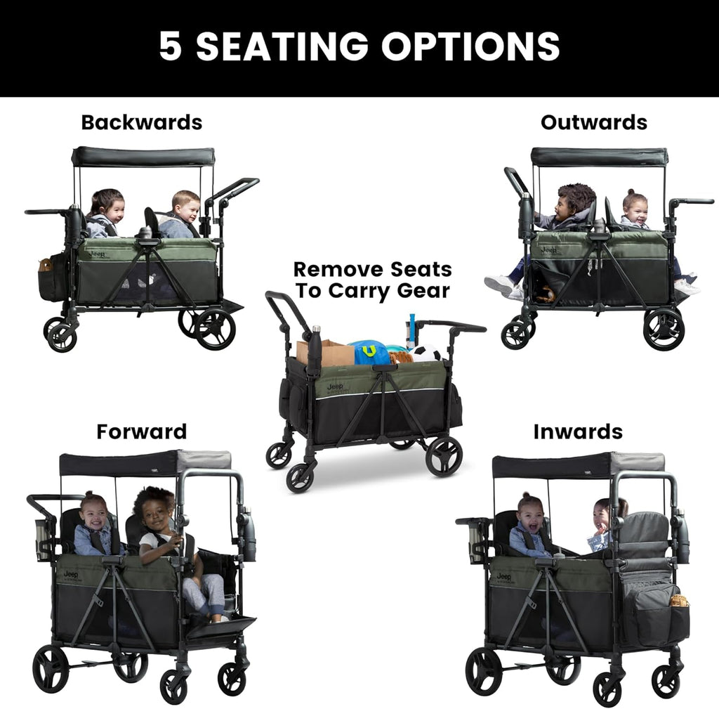 Delta Children - Jeep Wrangler Deluxe 4 Seater Stroller Wagon - Premium Quad Stroller Wagon for 4 Kids with Convertible Seats, Adjustable Push/Pull Handles, Removable Canopy & Flat Fold, Black/Green