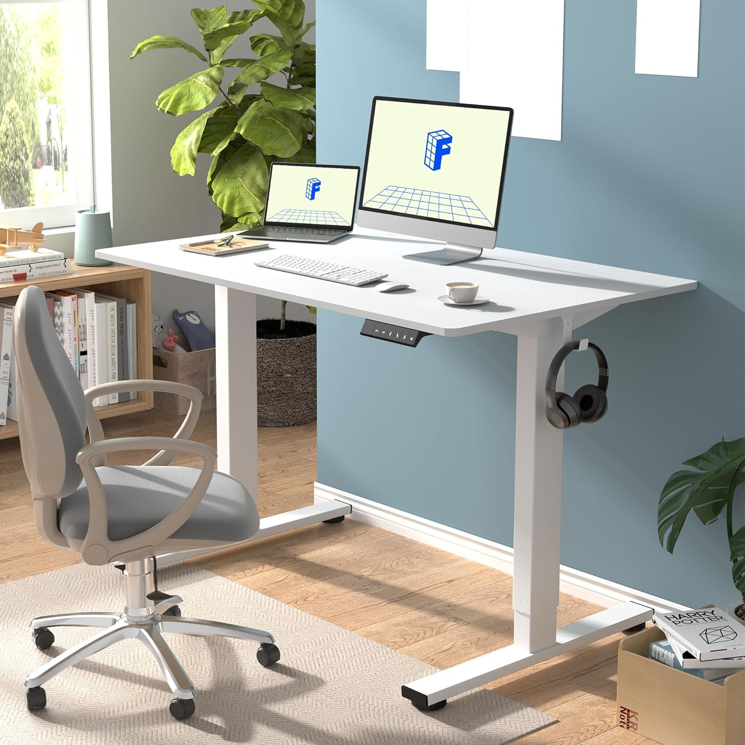 FLEXISPOT EN1 One-Piece Standing Desk 55 x 28 Inch Electric Adjustable Height Desk for Home Office and Computer Workstation (White Frame + 55" Maple Top, 2 Packages)