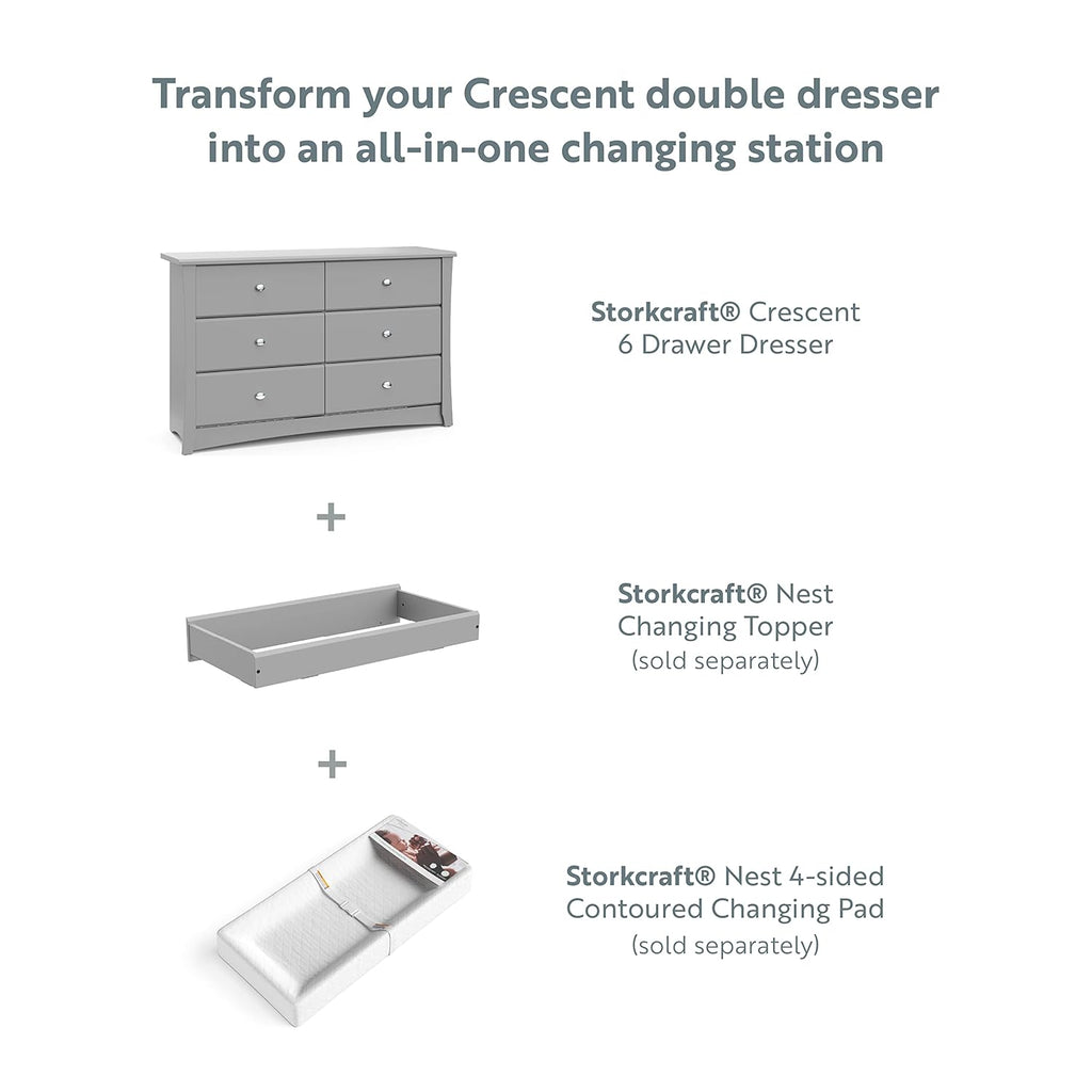 Storkcraft Crescent 6 Drawer Double Dresser (Pebble Gray) – GREENGUARD Gold Certified, For Nursery, Dresser, Kids Nursery Organizer, Chest of Drawers