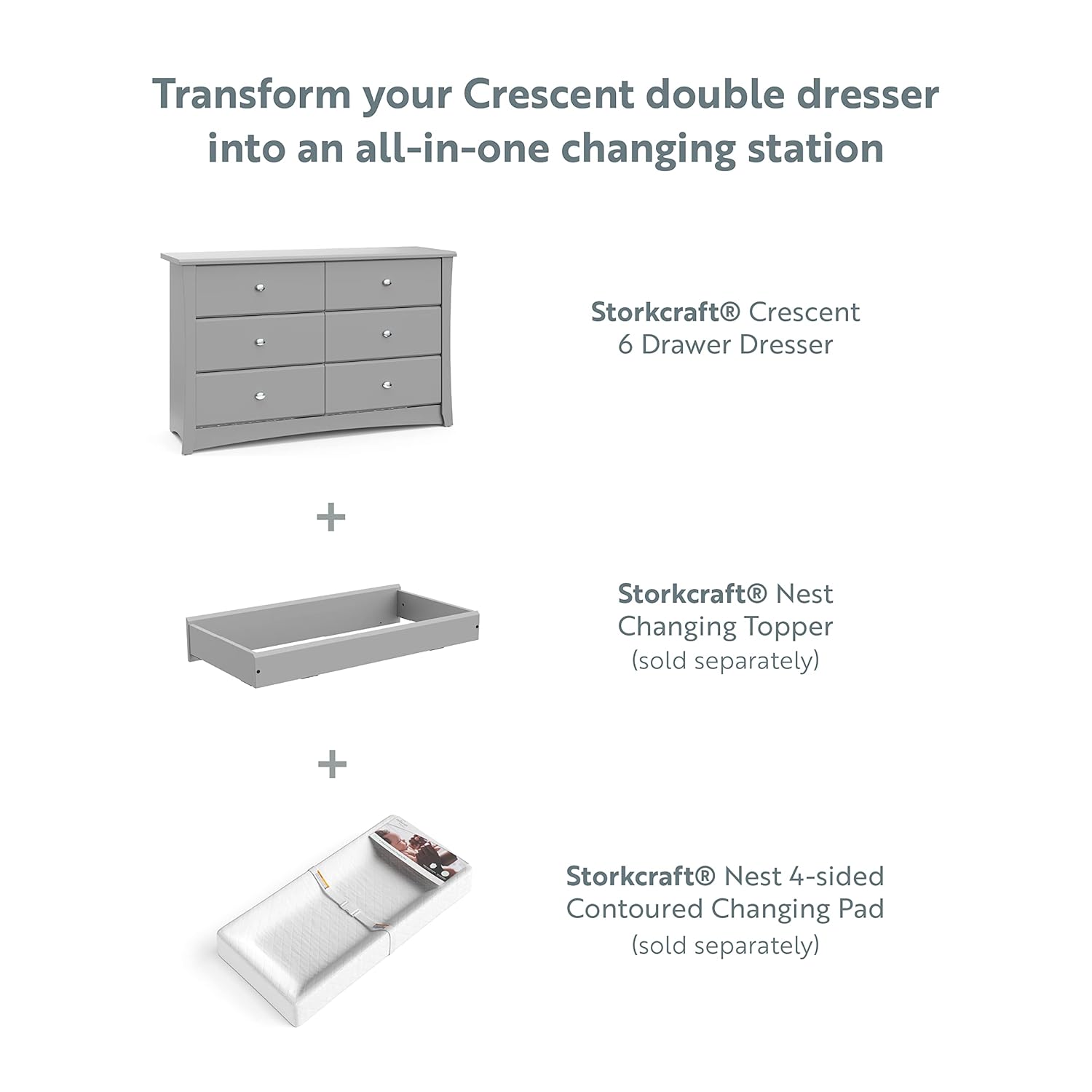 Storkcraft Crescent 6 Drawer Double Dresser (Pebble Gray) – GREENGUARD Gold Certified, For Nursery, Dresser, Kids Nursery Organizer, Chest of Drawers