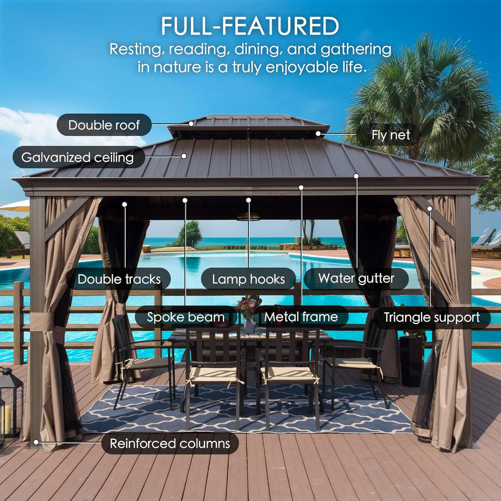 Kozyard Alexander 10' X 12' Hardtop, Aluminum Metal Gazebo with Galvanized Steel Double Roof Canopy, Curtain and Netting, Permanent Pavilion for Patio, Backyard, Deck, Lawn (Gray)