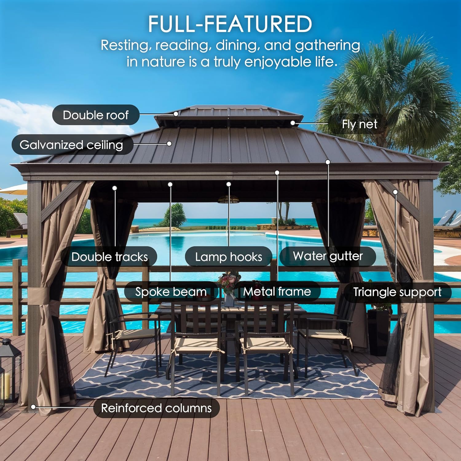 Kozyard Alexander 10' X 12' Hardtop, Aluminum Metal Gazebo with Galvanized Steel Double Roof Canopy, Curtain and Netting, Permanent Pavilion for Patio, Backyard, Deck, Lawn (Gray)
