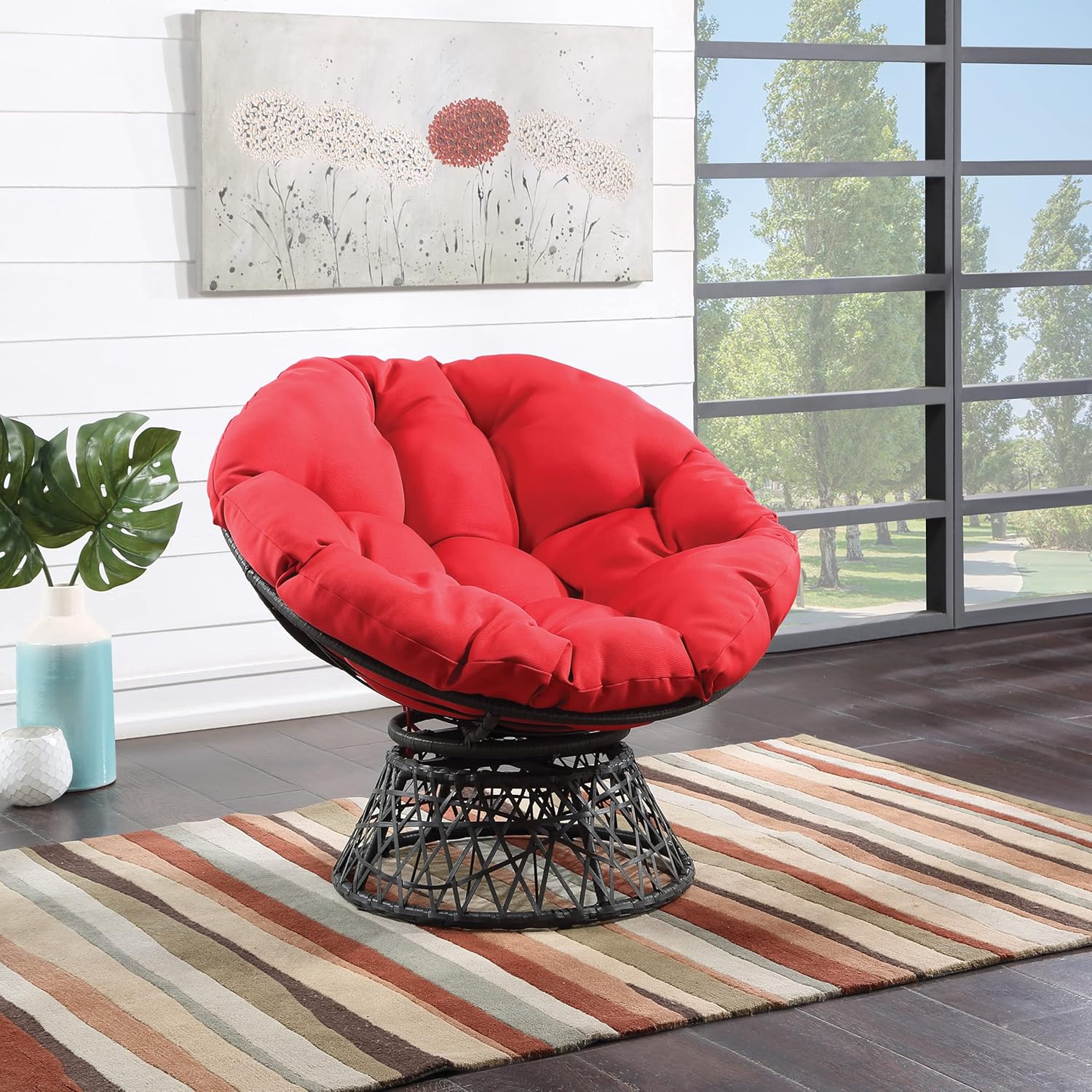 OSP Home Furnishings Wicker Papasan Chair with 360-Degree Swivel, Brown Frame with Brown Cushion