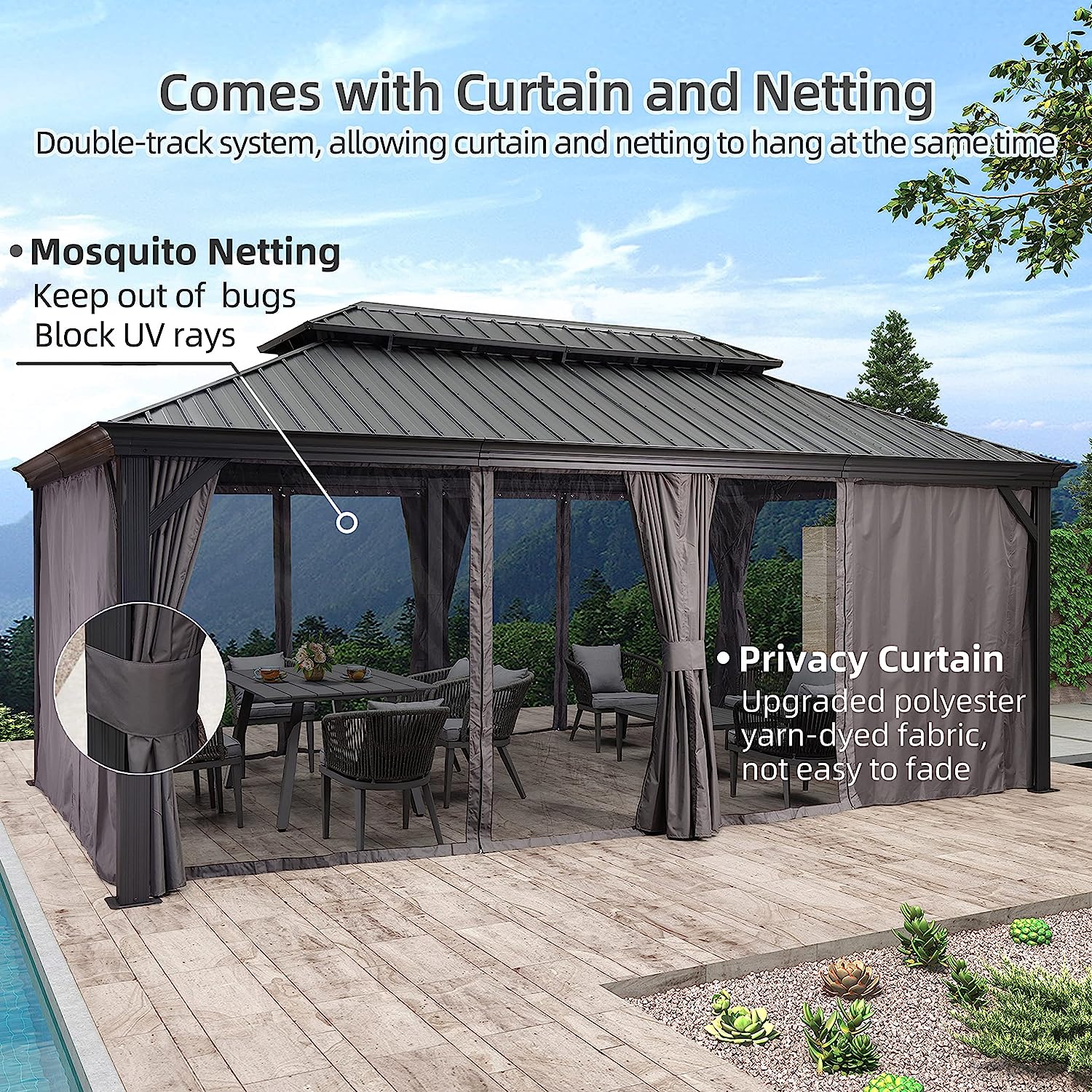 💥Limited Time Promotion💥12′ft X 20′ft Permanent Hardtop Gazebo Aluminum Gazebo with Galvanized Steel Double Roof for Patio Lawn and Garden, Curtains and Netting Included, Grey