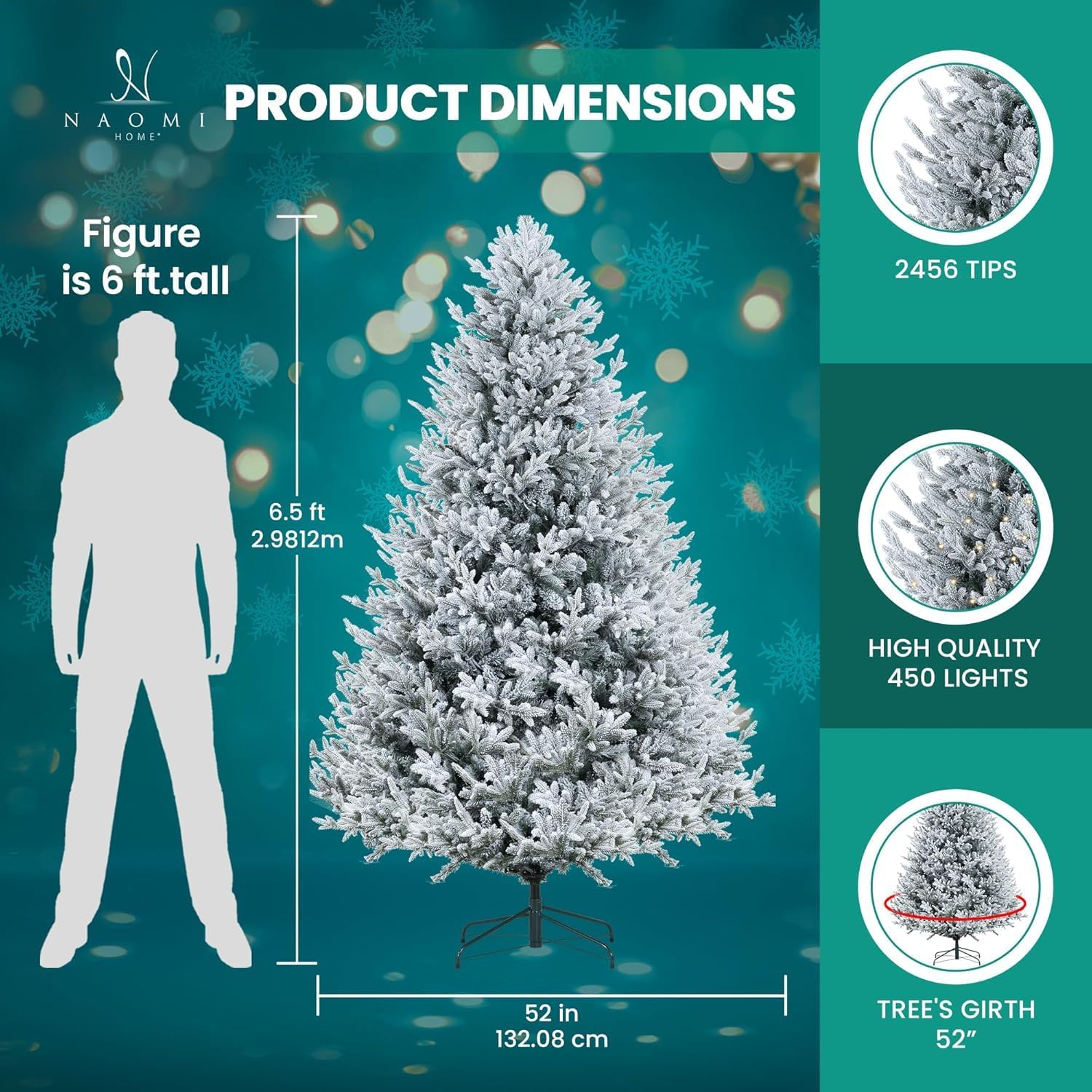 Naomi Home 6.5ft Rustic Christmas Tree with Lights, Realistic Classic Prelit with 2595 Branch Tips, 600 Warm Lights and Metal Stand, Aritificial Tree