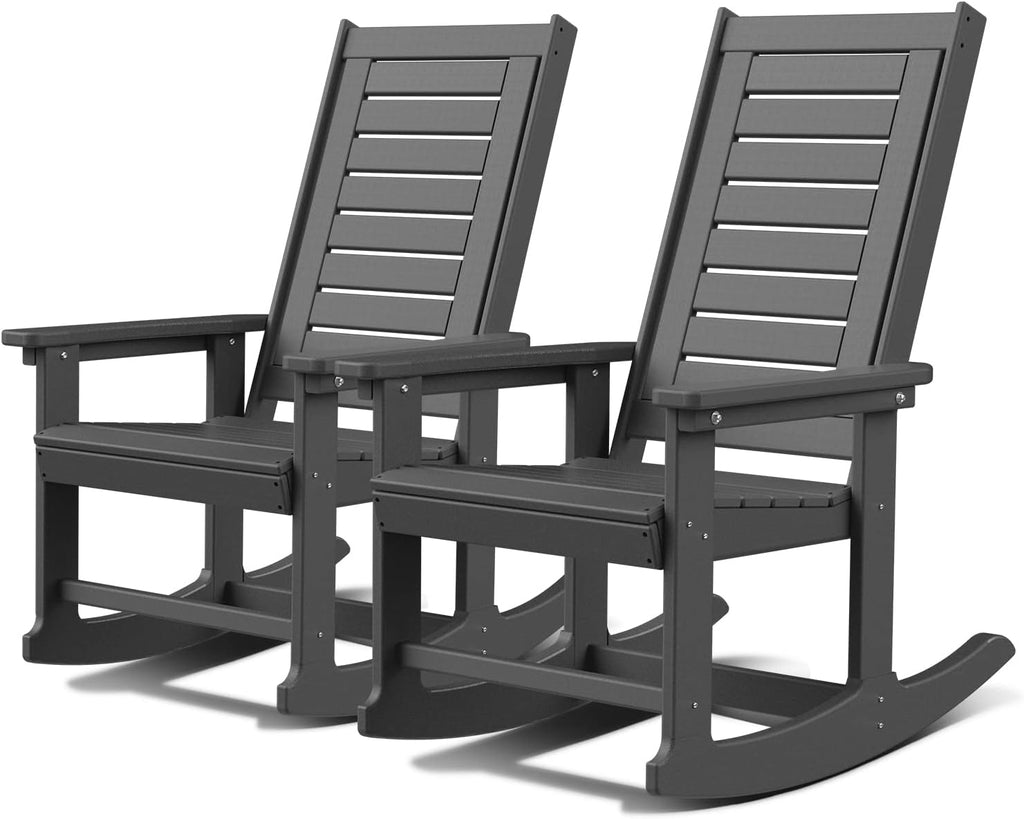 GREENVINES Outdoor Rocking Chairs | Set of 2 | Porch Rocker | HDPE Plastic | Black | Oversized Rockers | High Back | Big & Tall | Ladder Back | for Patio Outside Backyard Balcony Garden