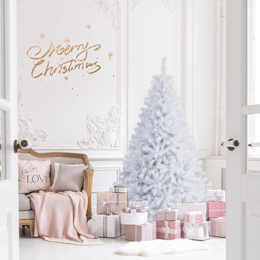Goplus 7ft Artificial White Christmas Tree Xmas Pine Tree with Solid Metal Legs Perfect for Indoor and Outdoor Holiday Decoration