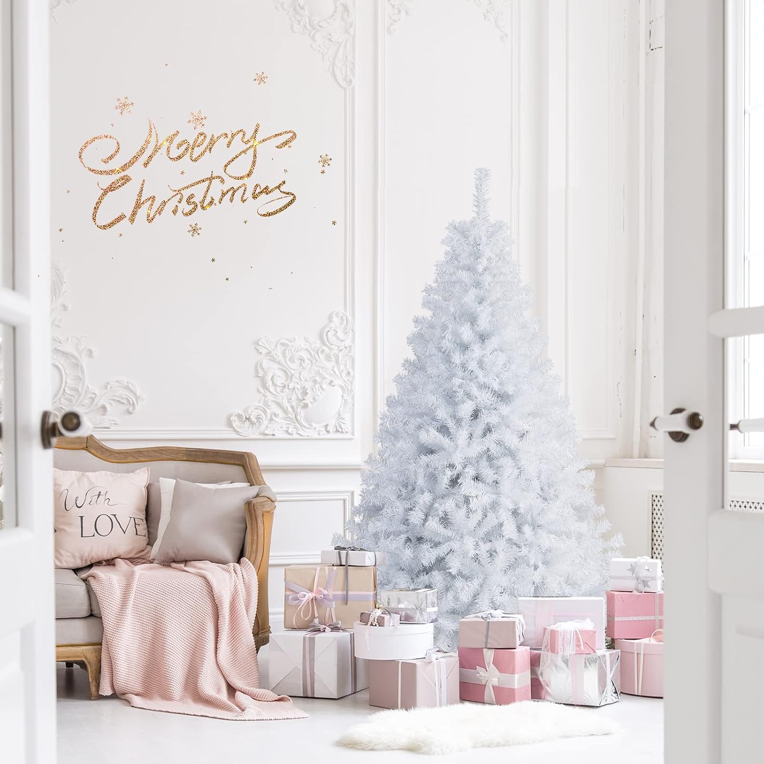 Goplus 7ft Artificial White Christmas Tree Xmas Pine Tree with Solid Metal Legs Perfect for Indoor and Outdoor Holiday Decoration