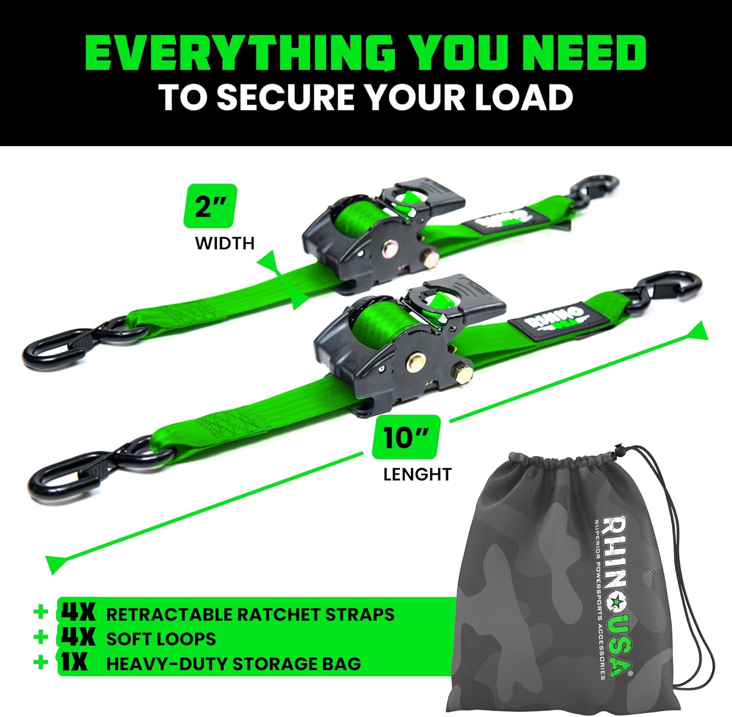 Rhino USA Retractable Ratchet Straps (2-Pack) - 2 Inch x 10 Feet (3,033lb Break Strength) - Heavy Duty Auto Self Retracting Tie Down Straps for Truck, Cargo Trailer, Motorcycle, Rad & More - Black