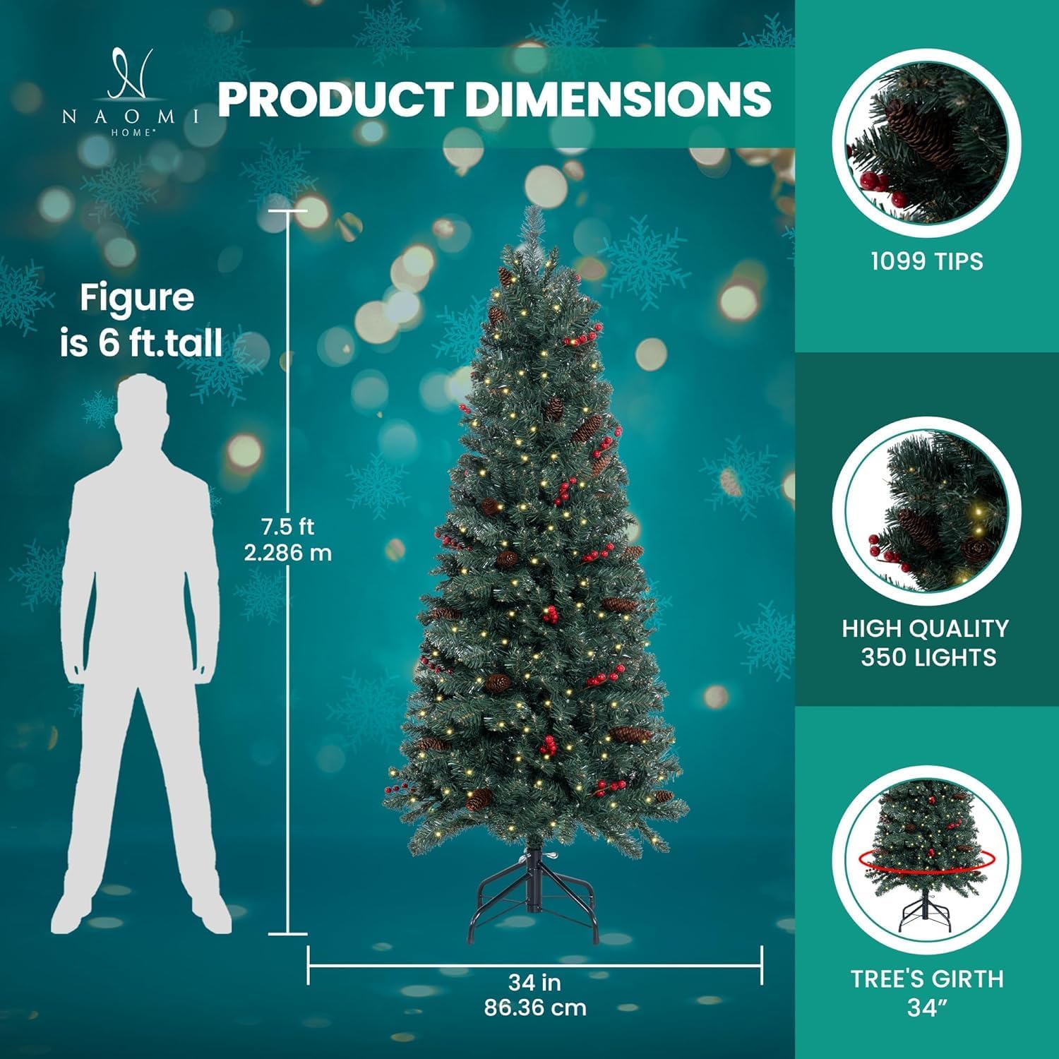 Naomi Home 6.5ft Rustic Christmas Tree with Lights, Realistic Classic Prelit with 2595 Branch Tips, 600 Warm Lights and Metal Stand, Aritificial Tree