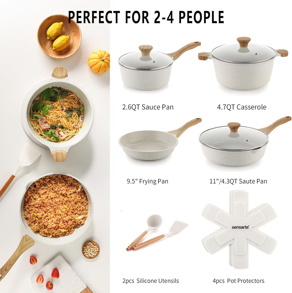 SENSARTE Nonstick Cookware Set 13-Piece, Healthy Pots and Pans Set Non-toxic Kitchen Cooking Set with Granite Coating, Stay-Cool Handles, Silicone Utensils and Pot Protectors, PFOA Free