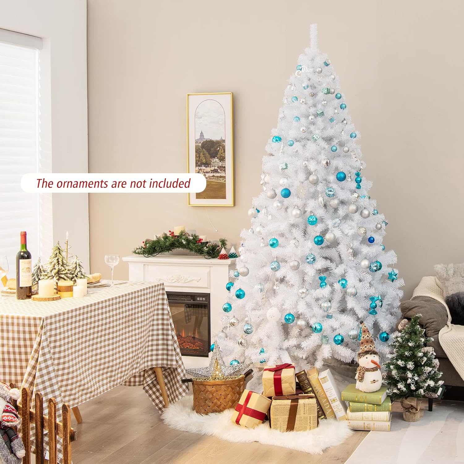 Goplus 7ft Artificial White Christmas Tree Xmas Pine Tree with Solid Metal Legs Perfect for Indoor and Outdoor Holiday Decoration