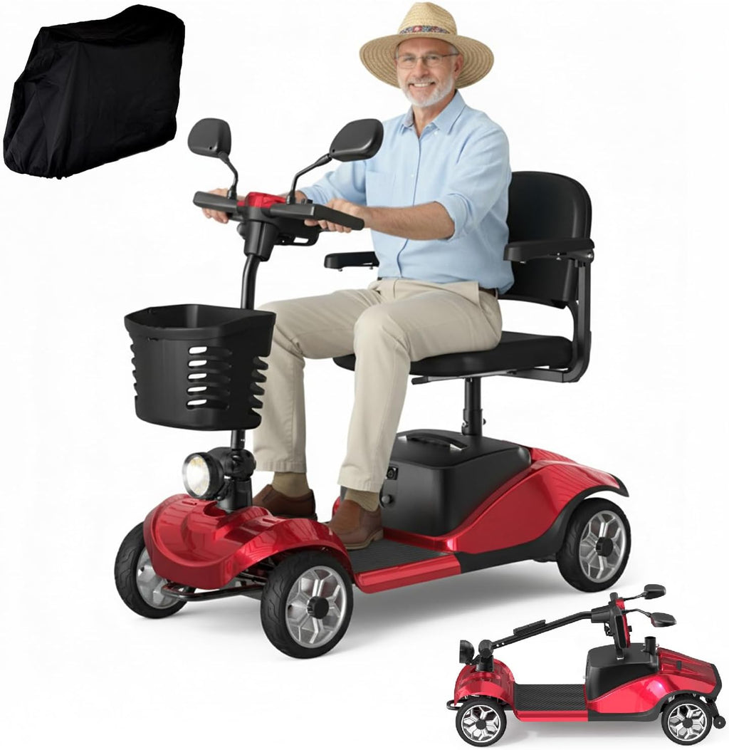 Mobility Scooter for Adults, Foldable 4 Wheels Motorized Mobility Scooter w/Dustproof Cover, 15Miles Range, Rotating Seat, 350LBS Capacity, Seniors Electric Powered Mobility for Outdoor, Red