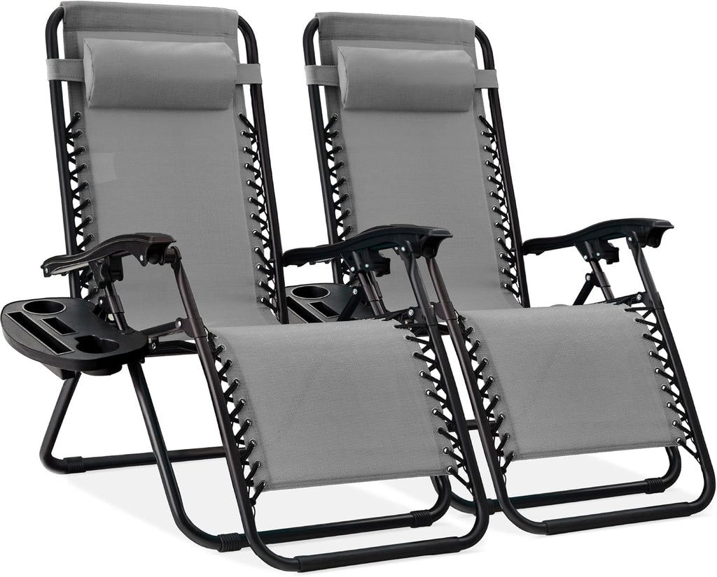 Best Choice Products Set of 2 Adjustable Steel Mesh Zero Gravity Lounge Chair Recliners w/Pillows and Cup Holder Trays - Beige