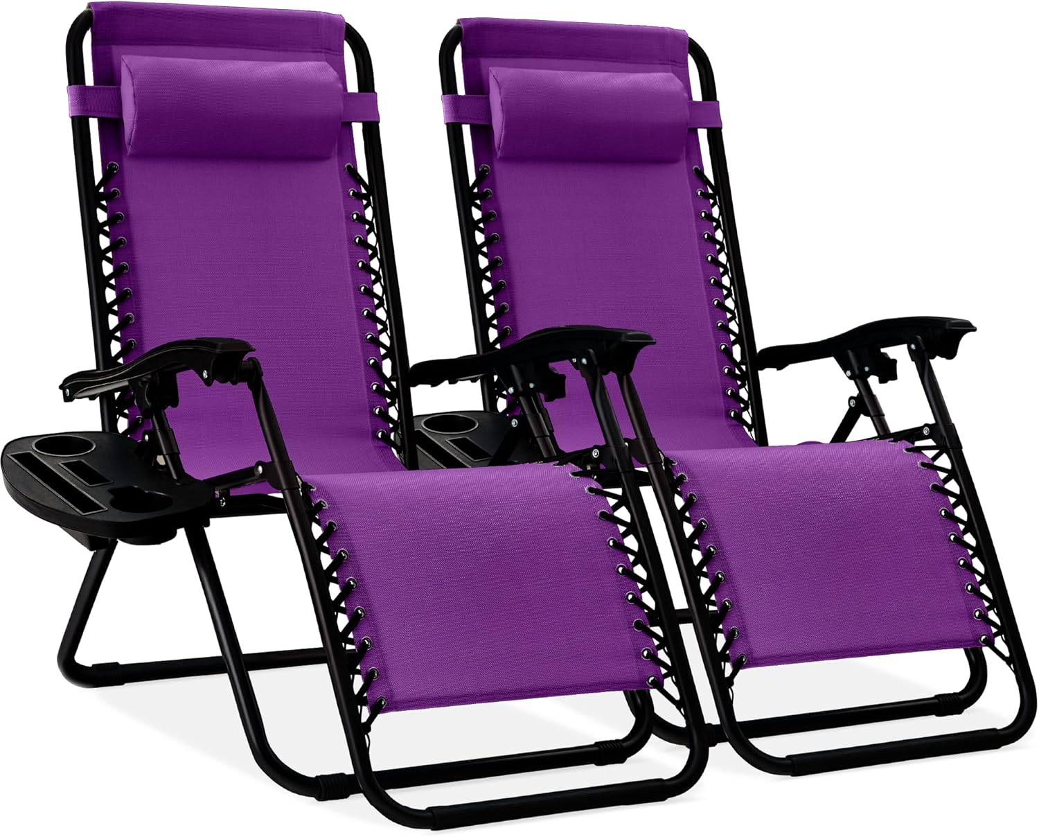 Best Choice Products Set of 2 Adjustable Steel Mesh Zero Gravity Lounge Chair Recliners w/Pillows and Cup Holder Trays - Beige