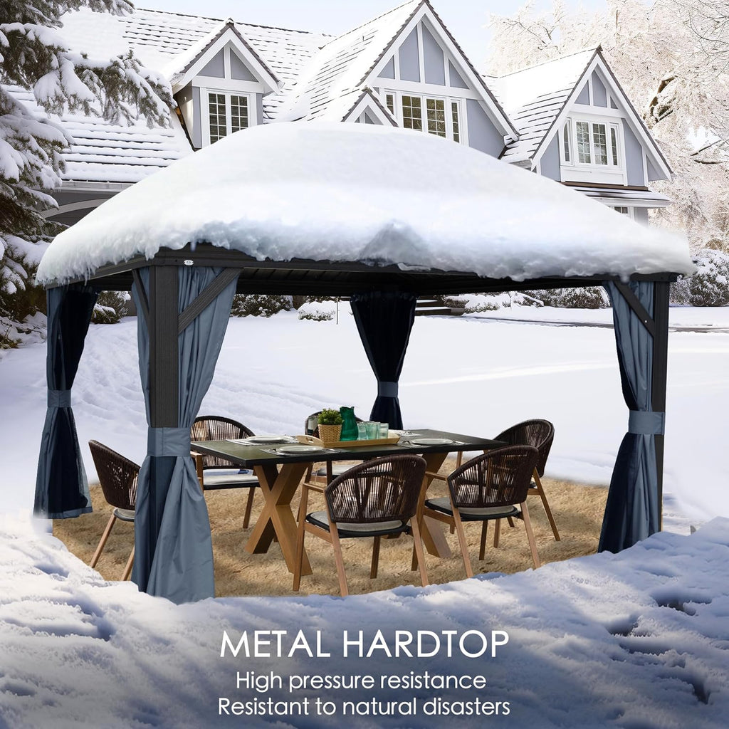 Kozyard Alexander 10' X 12' Hardtop, Aluminum Metal Gazebo with Galvanized Steel Double Roof Canopy, Curtain and Netting, Permanent Pavilion for Patio, Backyard, Deck, Lawn (Gray)