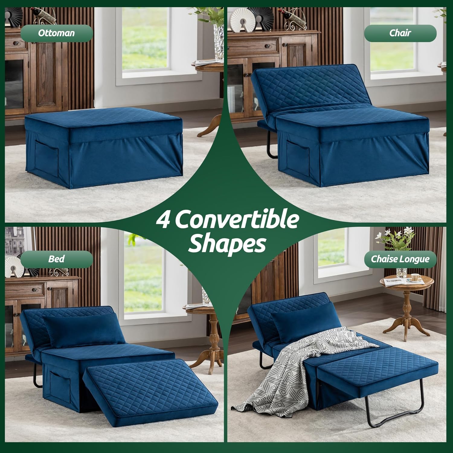 Sofa Bed, 4 in 1 Multi-Function Folding Ottoman Breathable Linen Couch Bed with Adjustable Backrest Modern Convertible Chair for Living Room Apartment Office