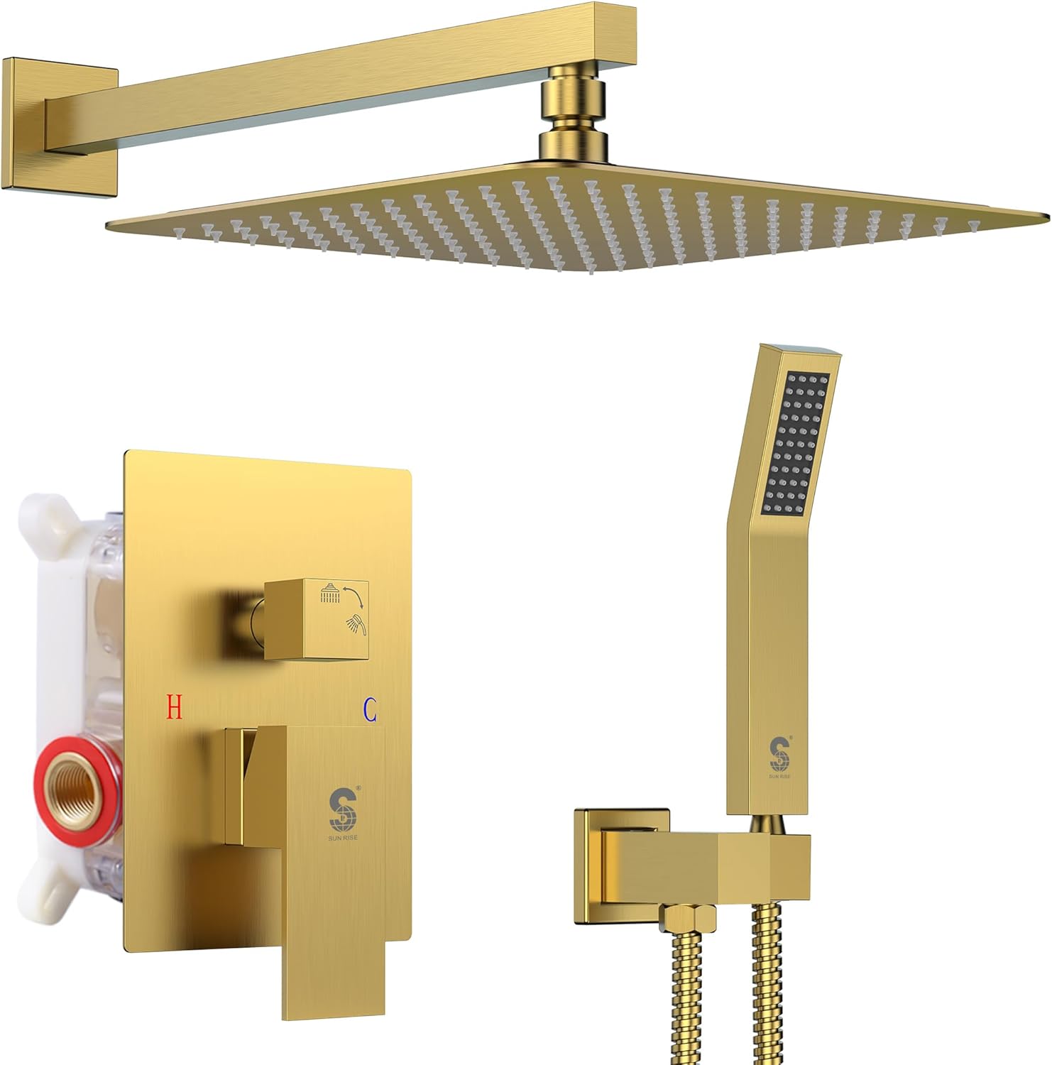 SR SUN RISE 12 Inches Matte Black Shower System 12 Inch Brass Bathroom Luxury Rain Mixer Shower Combo Set Wall Mounted Rainfall Shower Head System Shower Faucet Rough-in Valve Body and Trim Included