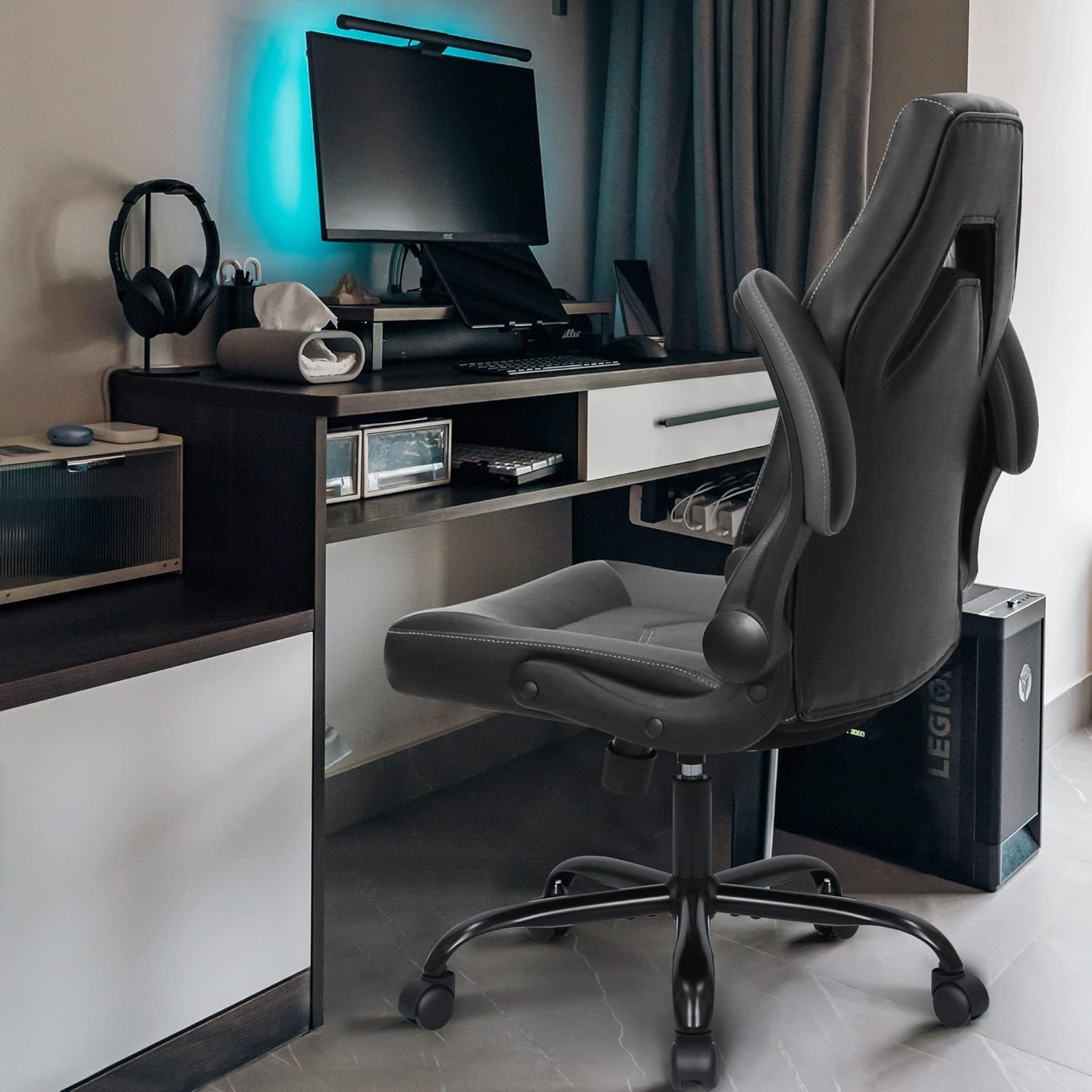 N-GEN Video Gaming Computer Chair Ergonomic Office Chair Desk Chair with Lumbar Support Flip Up Arms Adjustable Height Swivel PU Leather Executive with Wheels for Adults Women Men (Pink)